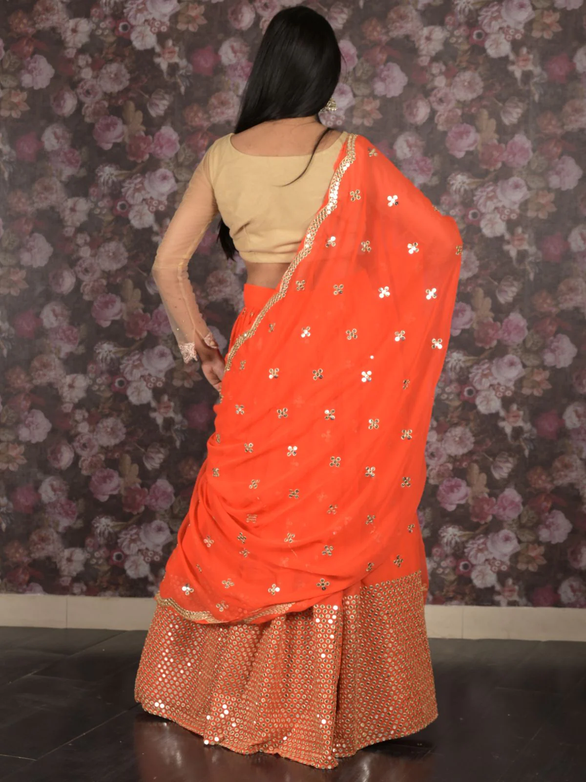 Odette Orange Embroidered Semi Stitched Satin Lehenga with Untitched Blouse For Women - Image 4