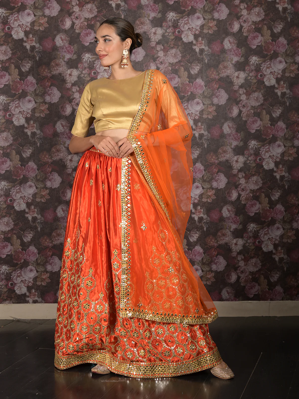 Odette Orange Embroidered Semi Stitched Satin Lehenga with Untitched Blouse For Women - Image 2