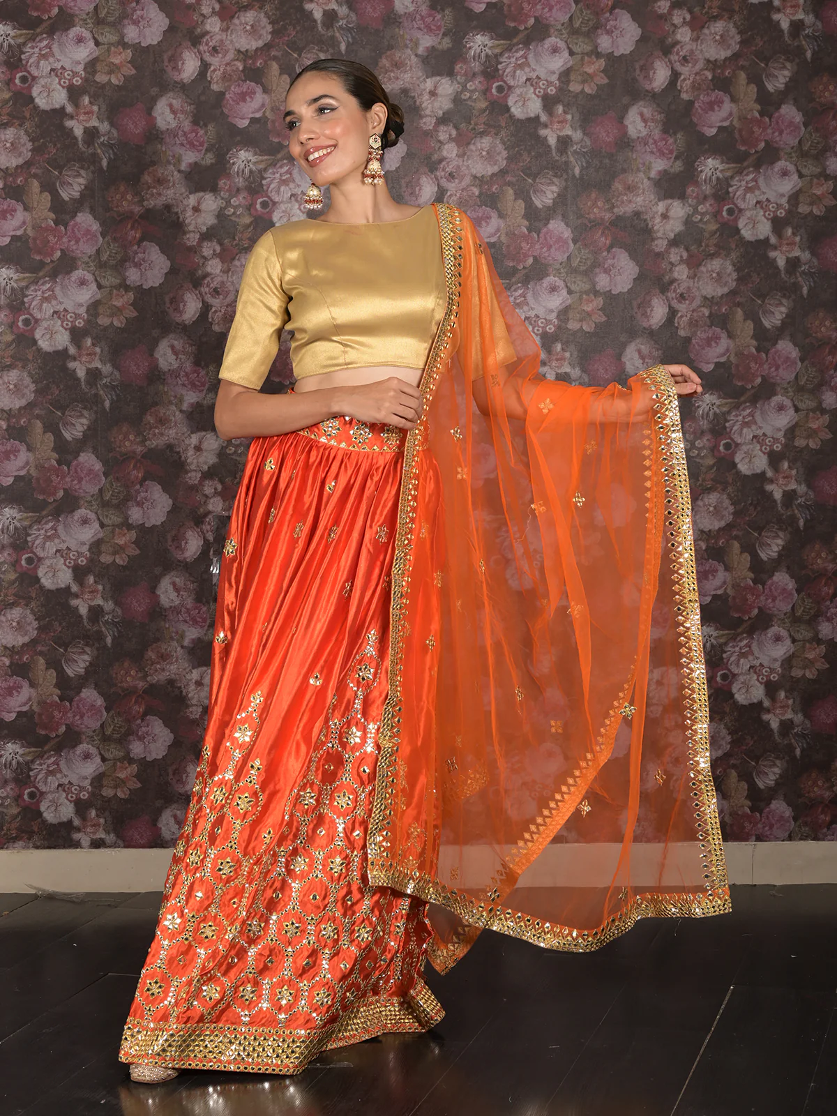 Odette Orange Embroidered Semi Stitched Satin Lehenga with Untitched Blouse For Women - Image 3
