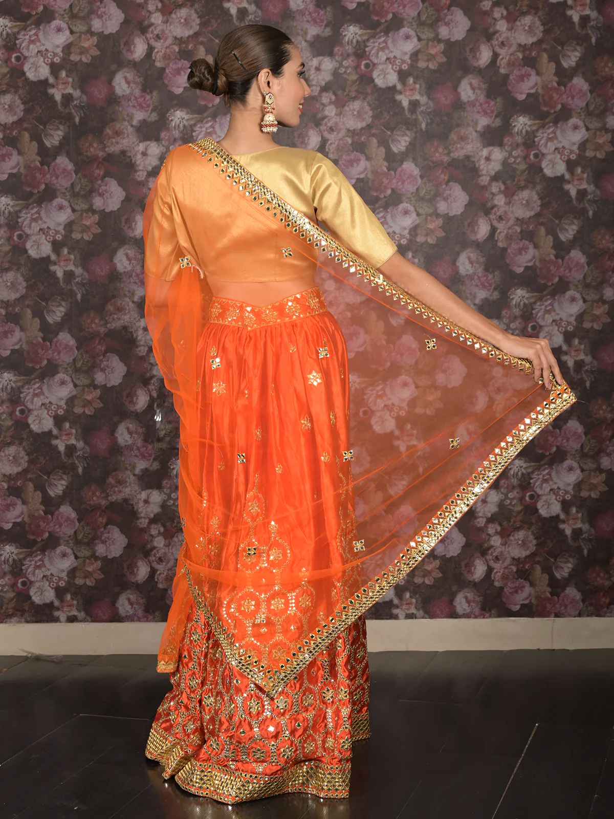 Odette Orange Embroidered Semi Stitched Satin Lehenga with Untitched Blouse For Women - Image 5