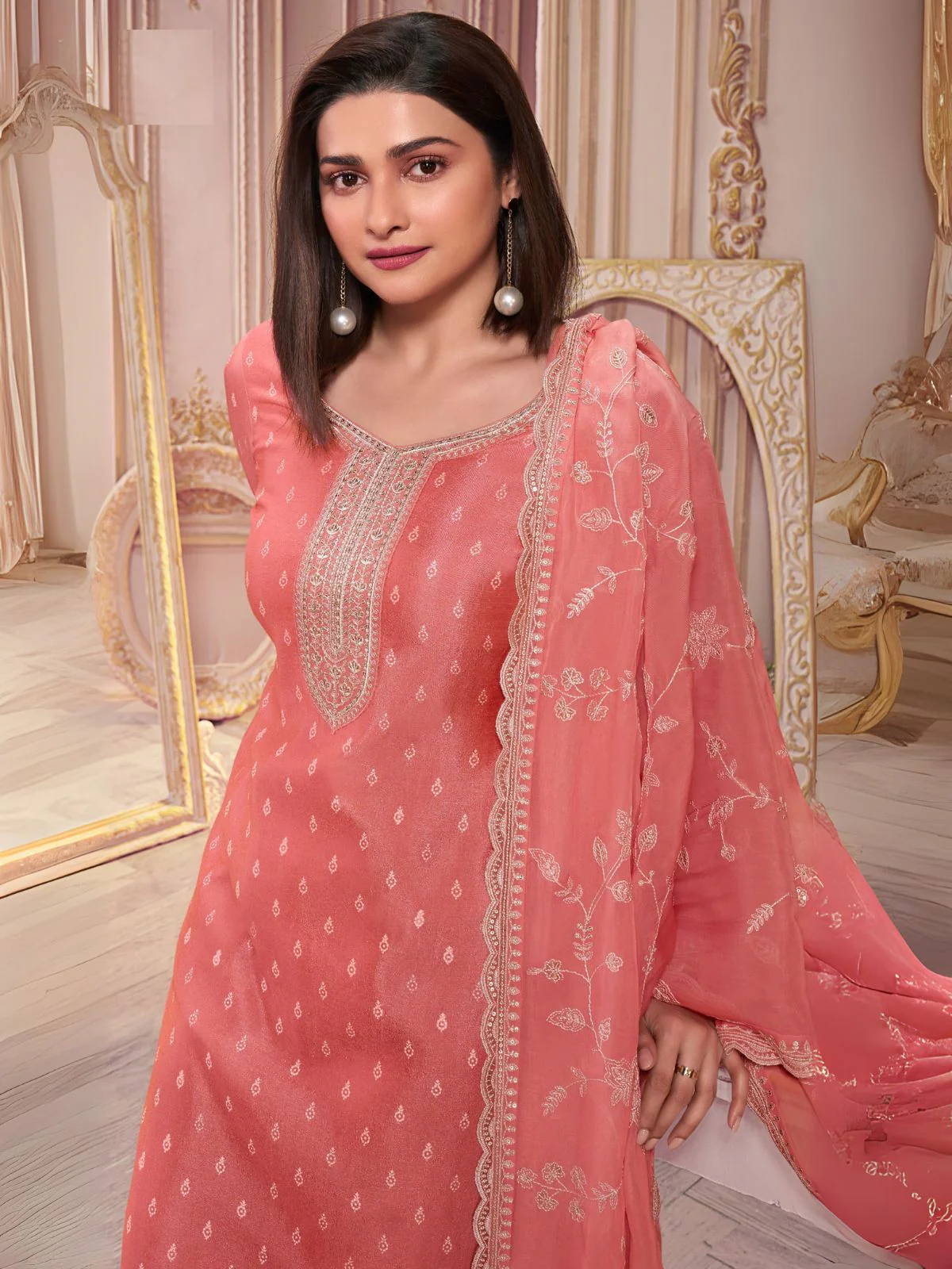 Odette Peach Embroidered Silk Blend Semi-Stitched Kurta Set  For Women - Image 2