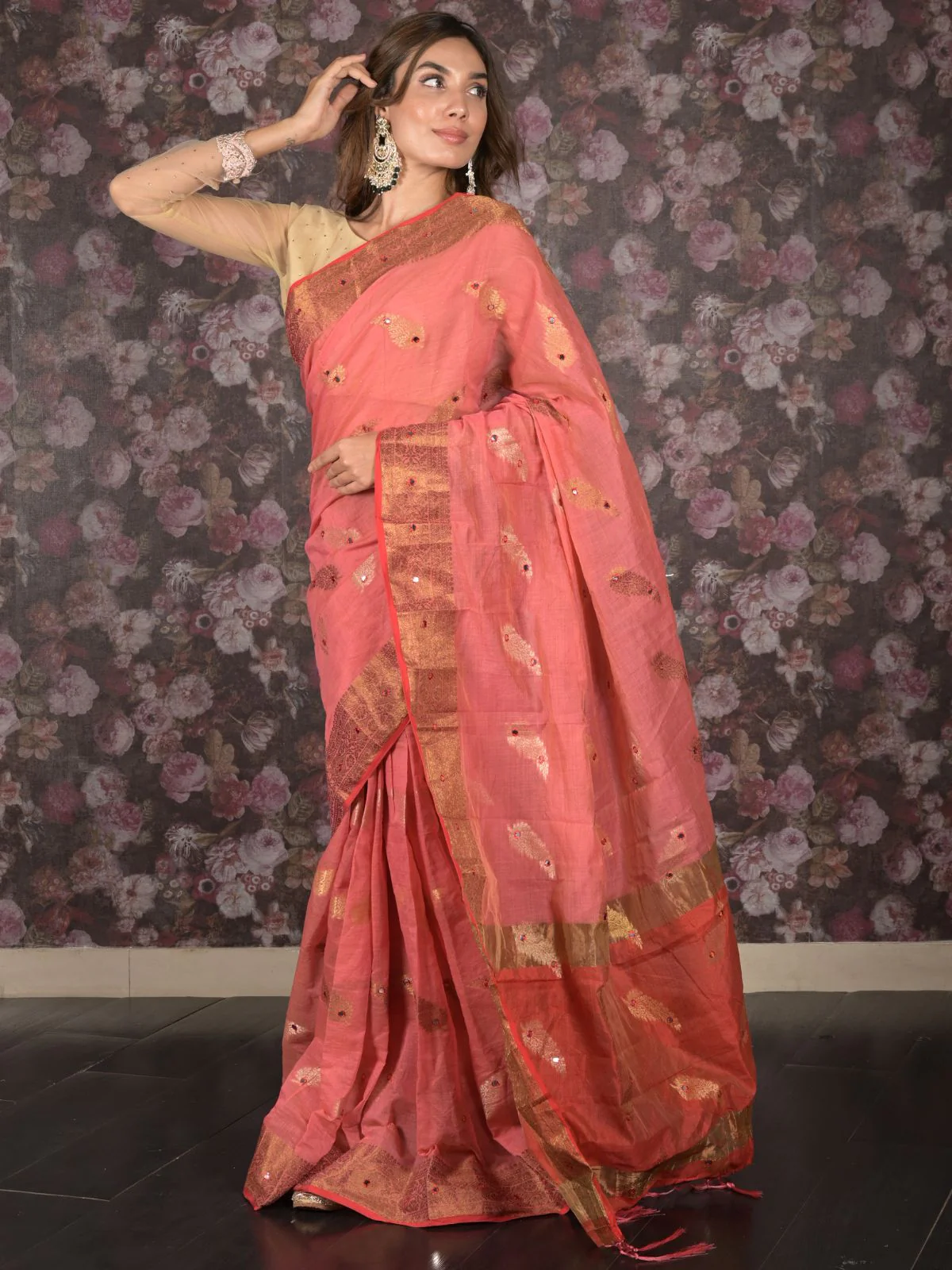 Odette Orange Faux Mirror Embroidered Cotton Blend Saree Without Blouse for Women - Image 3
