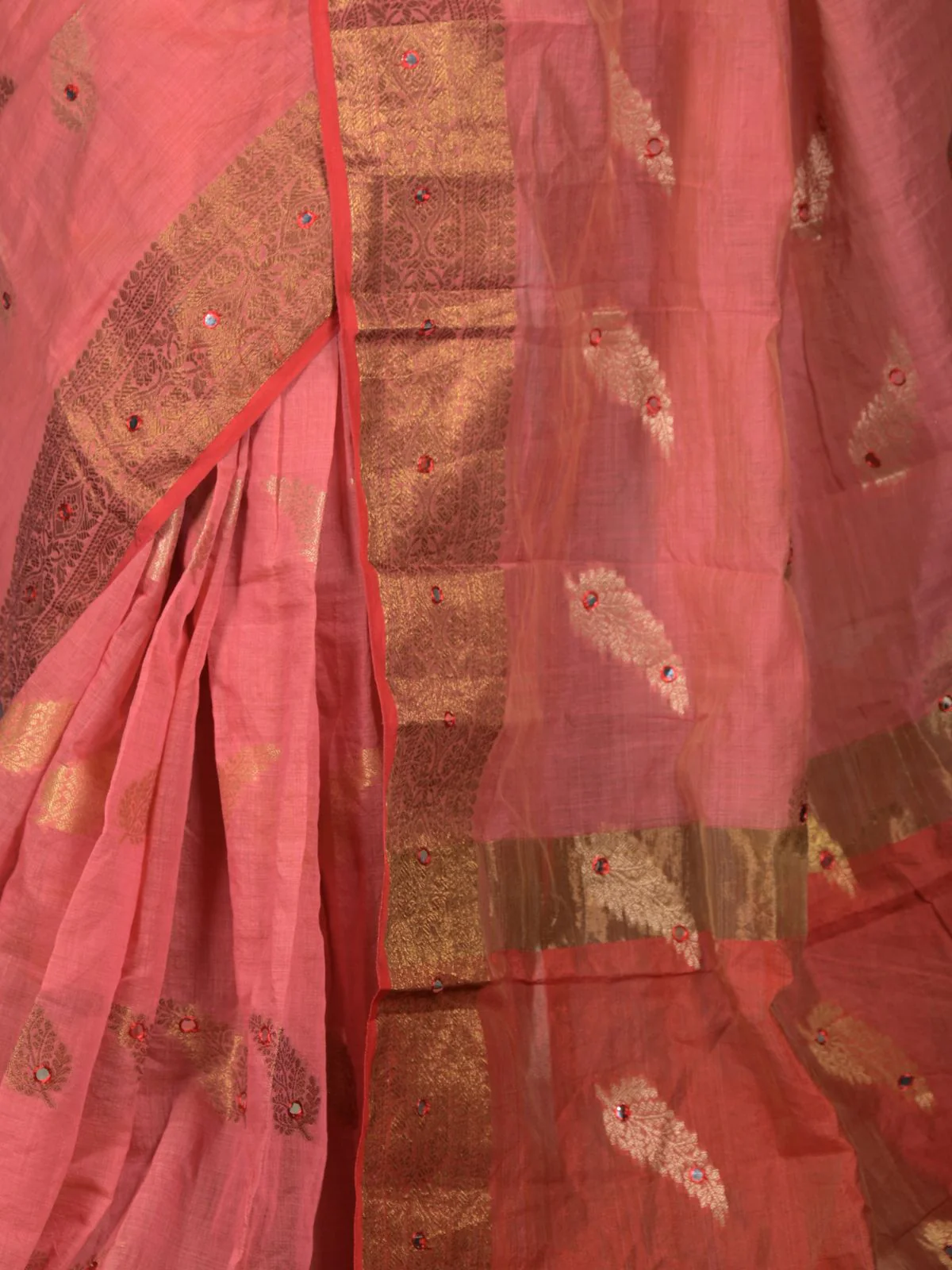 Odette Orange Faux Mirror Embroidered Cotton Blend Saree Without Blouse for Women - Image 5