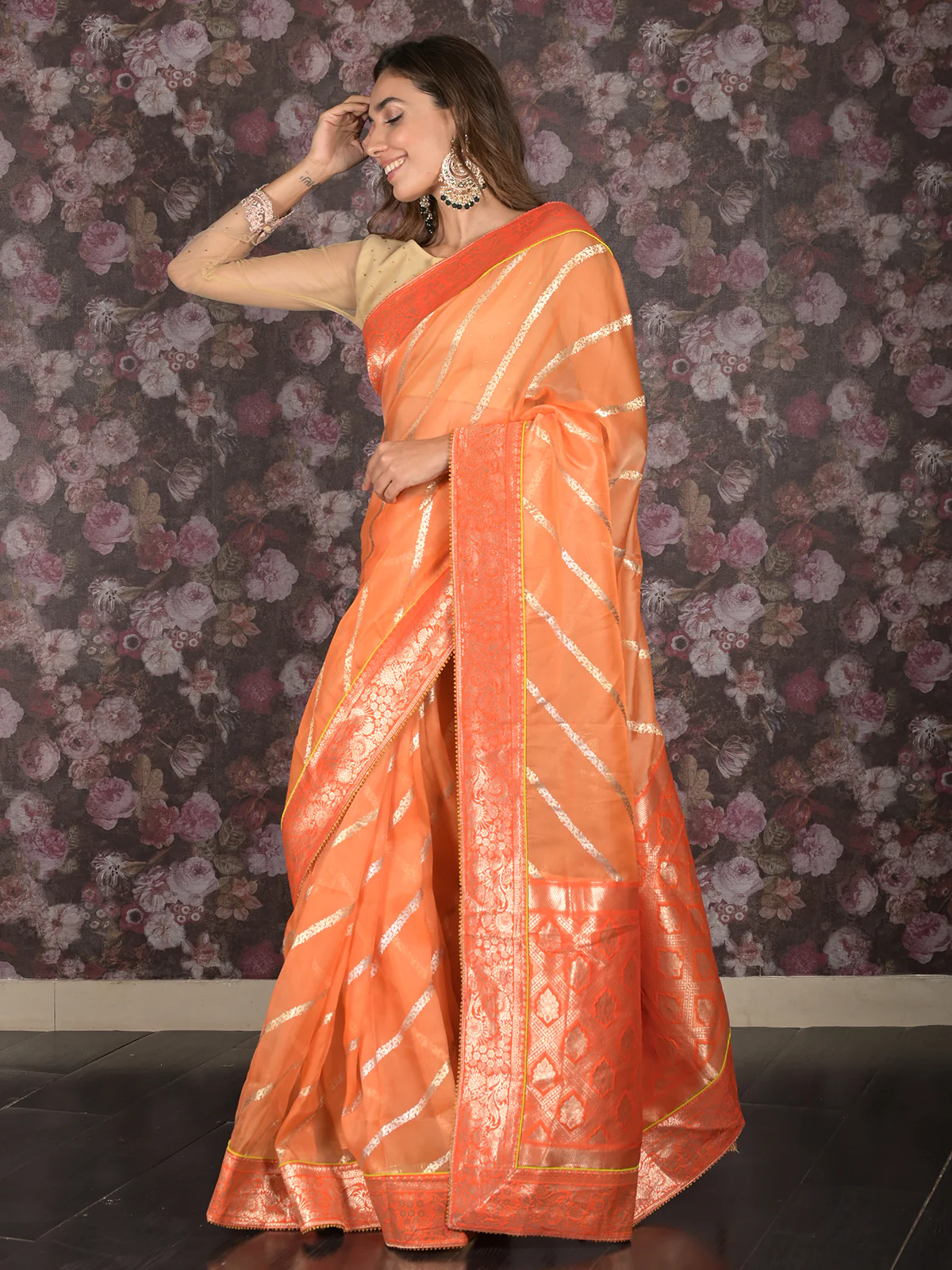 Odette Orange Foil Printed Net Saree With Unstitched Blouse For Women - Image 3