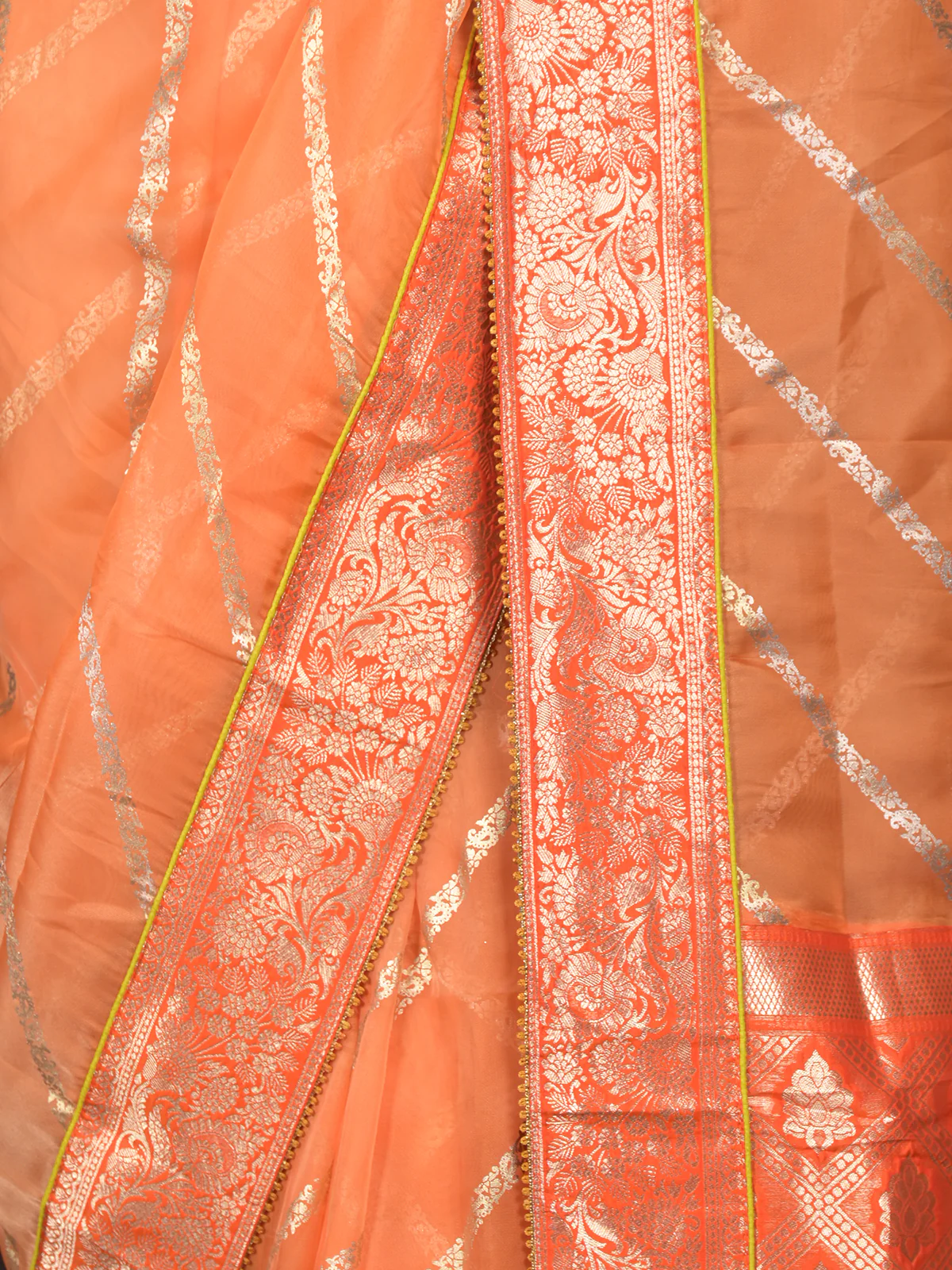 Odette Orange Foil Printed Net Saree With Unstitched Blouse For Women - Image 5