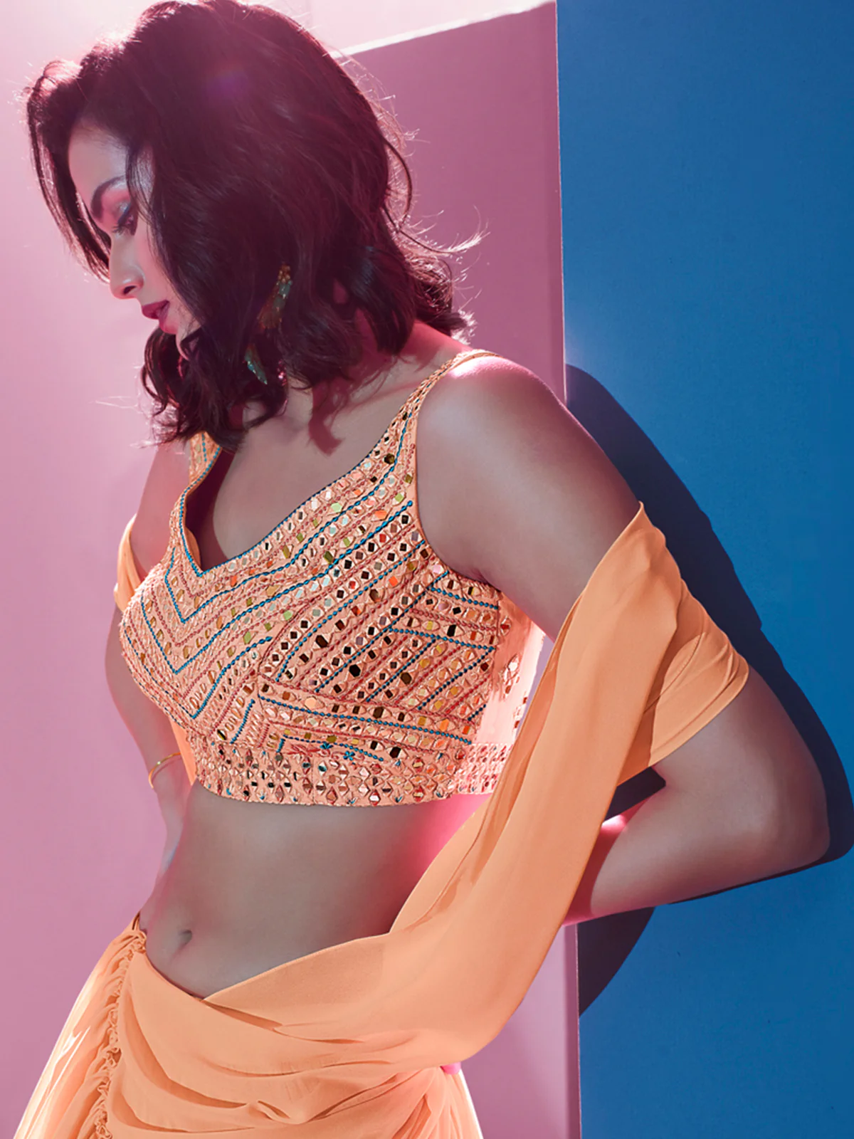 Odette Orange Georgette Embellished Semi Stitched Lehenga With Unstitched Blouse For Women - Image 4