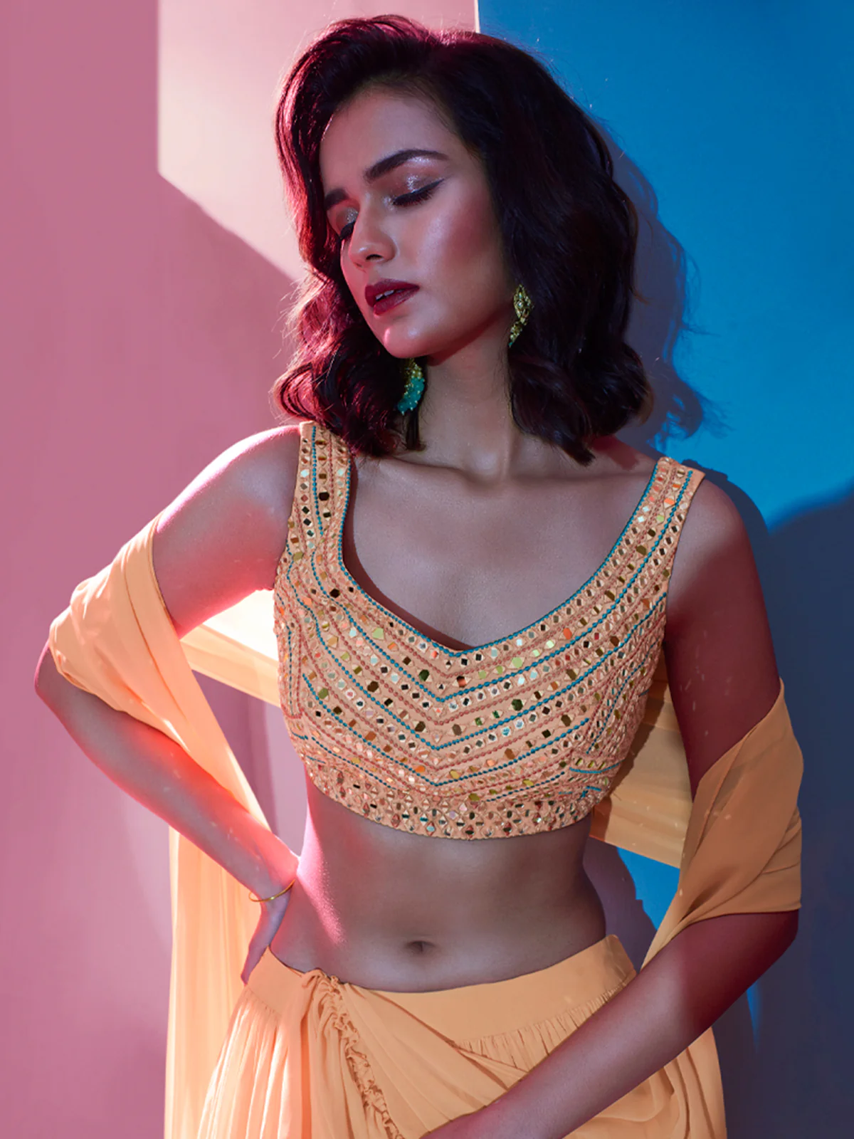 Odette Orange Georgette Embellished Semi Stitched Lehenga With Unstitched Blouse For Women - Image 5