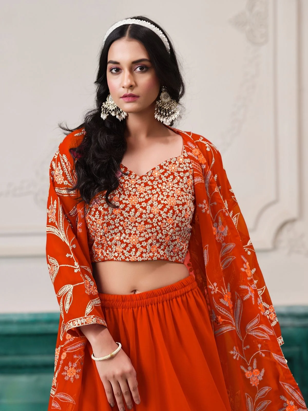 Odette Orange Georgette Embroidered Semi-Stiched Co-Ord Set For Women - Image 4