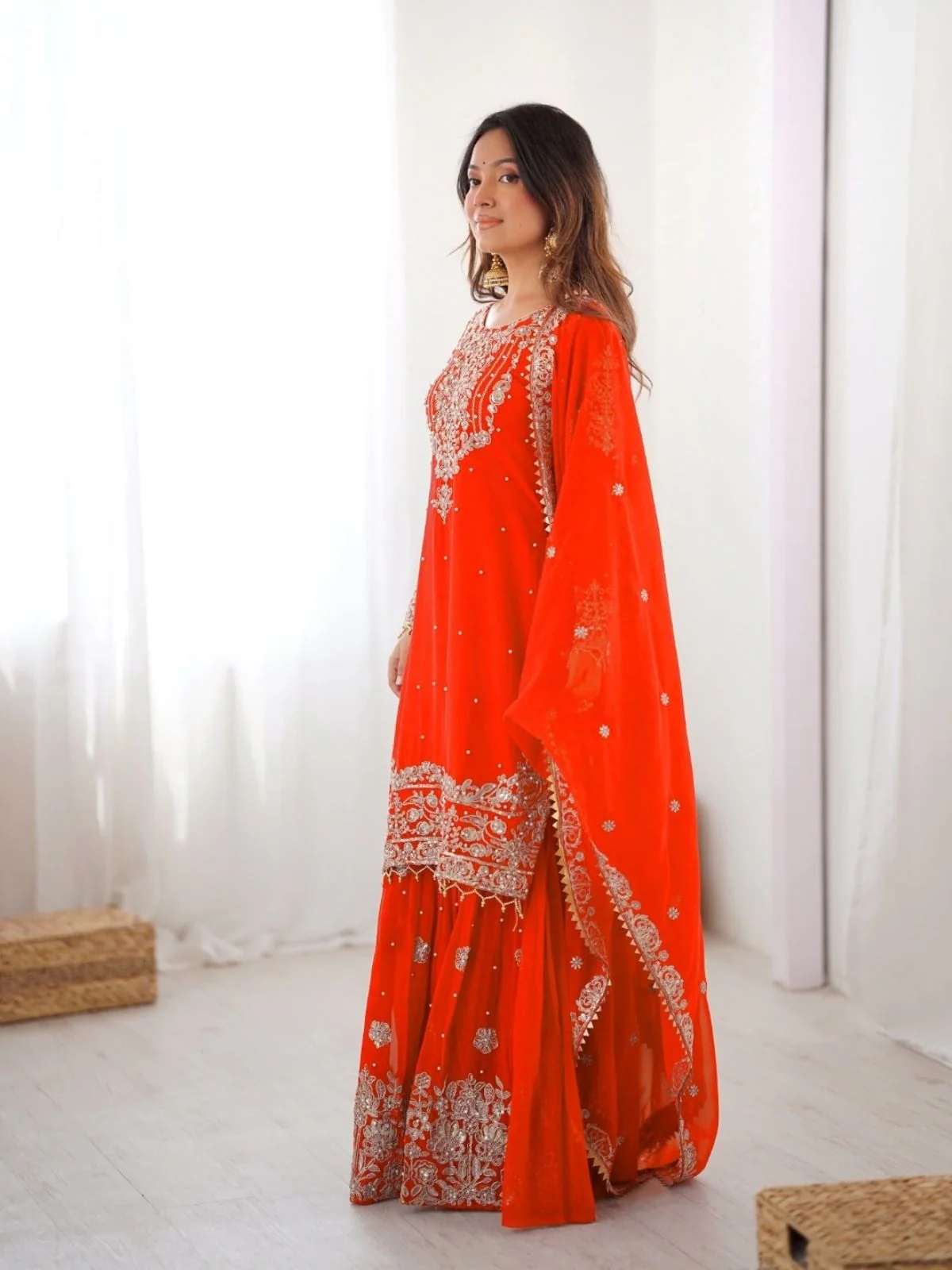 Odette Orange Georgette Embroidered Stitched Kurta Set For Women - Image 3