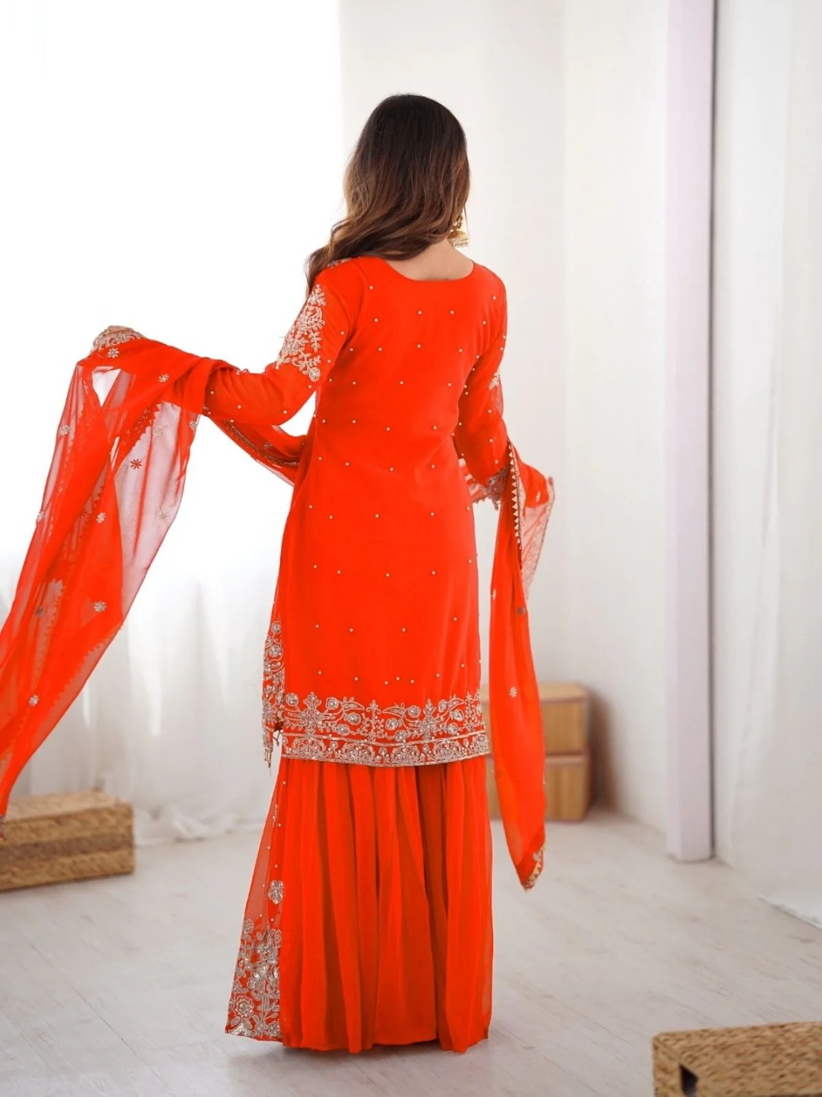 Odette Orange Georgette Embroidered Stitched Kurta Set For Women - Image 5