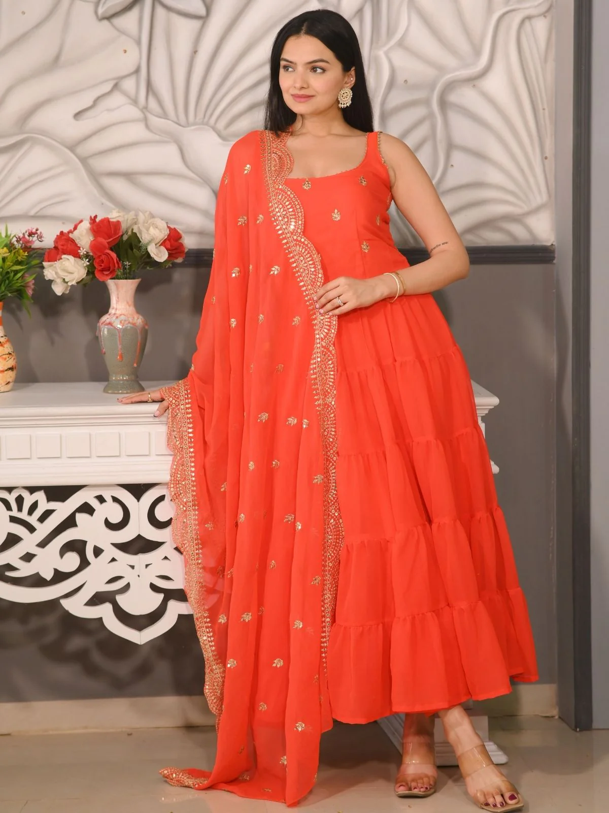 Odette Orange Georgette Embroidered Stitched Kurta Set For Women - Image 3