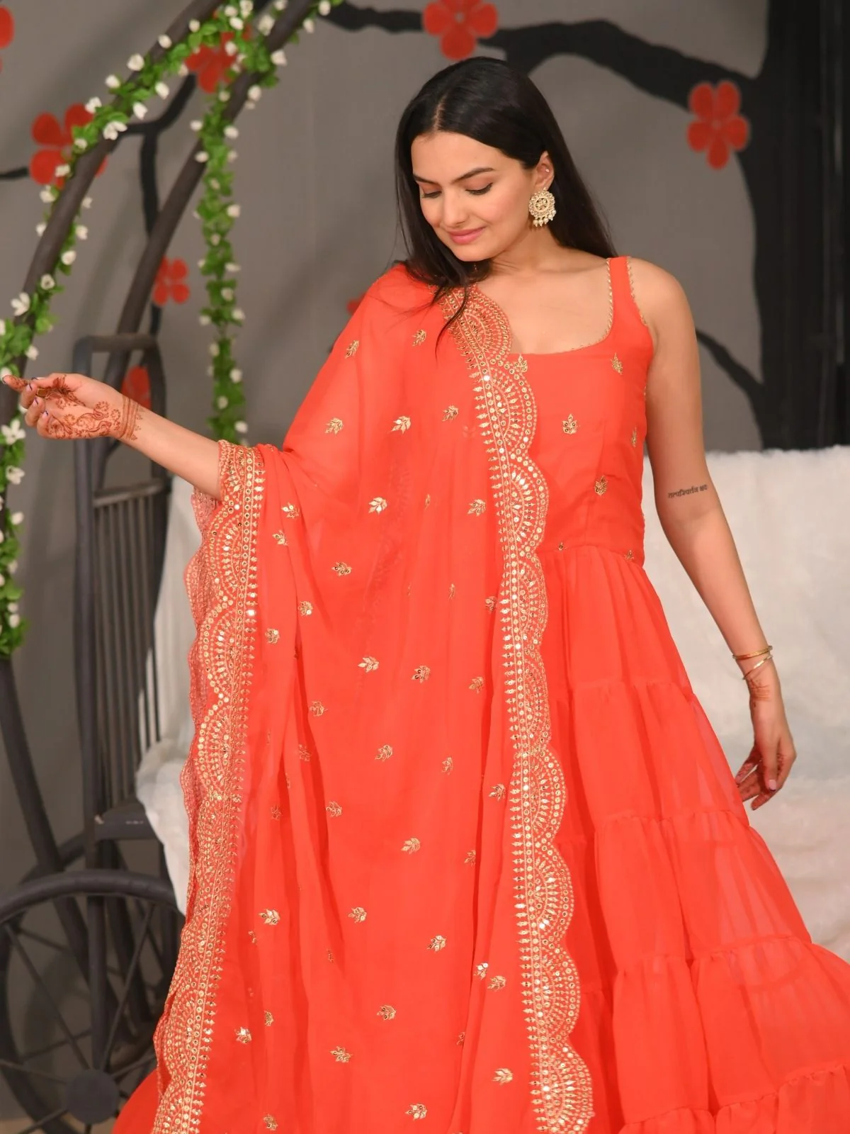 Odette Orange Georgette Embroidered Stitched Kurta Set For Women - Image 5