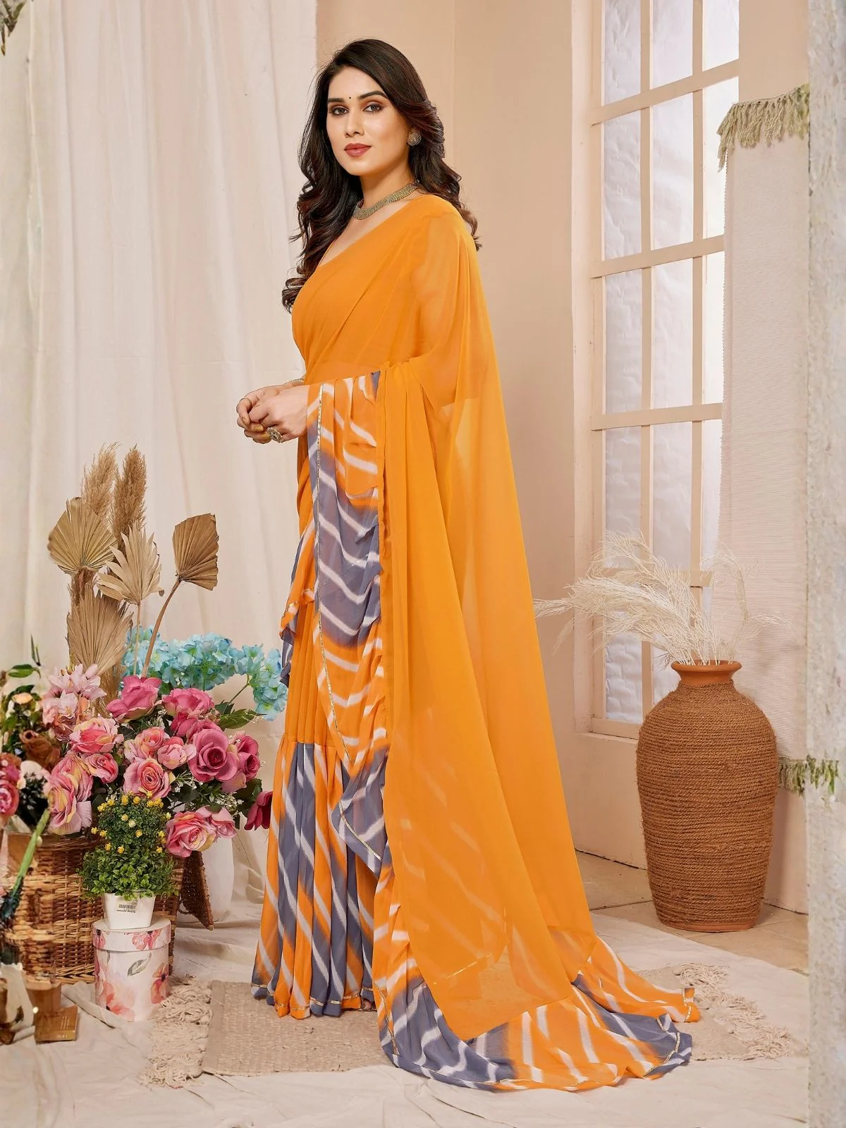 Odette Orange Georgette Printed Saree For Women - Image 2