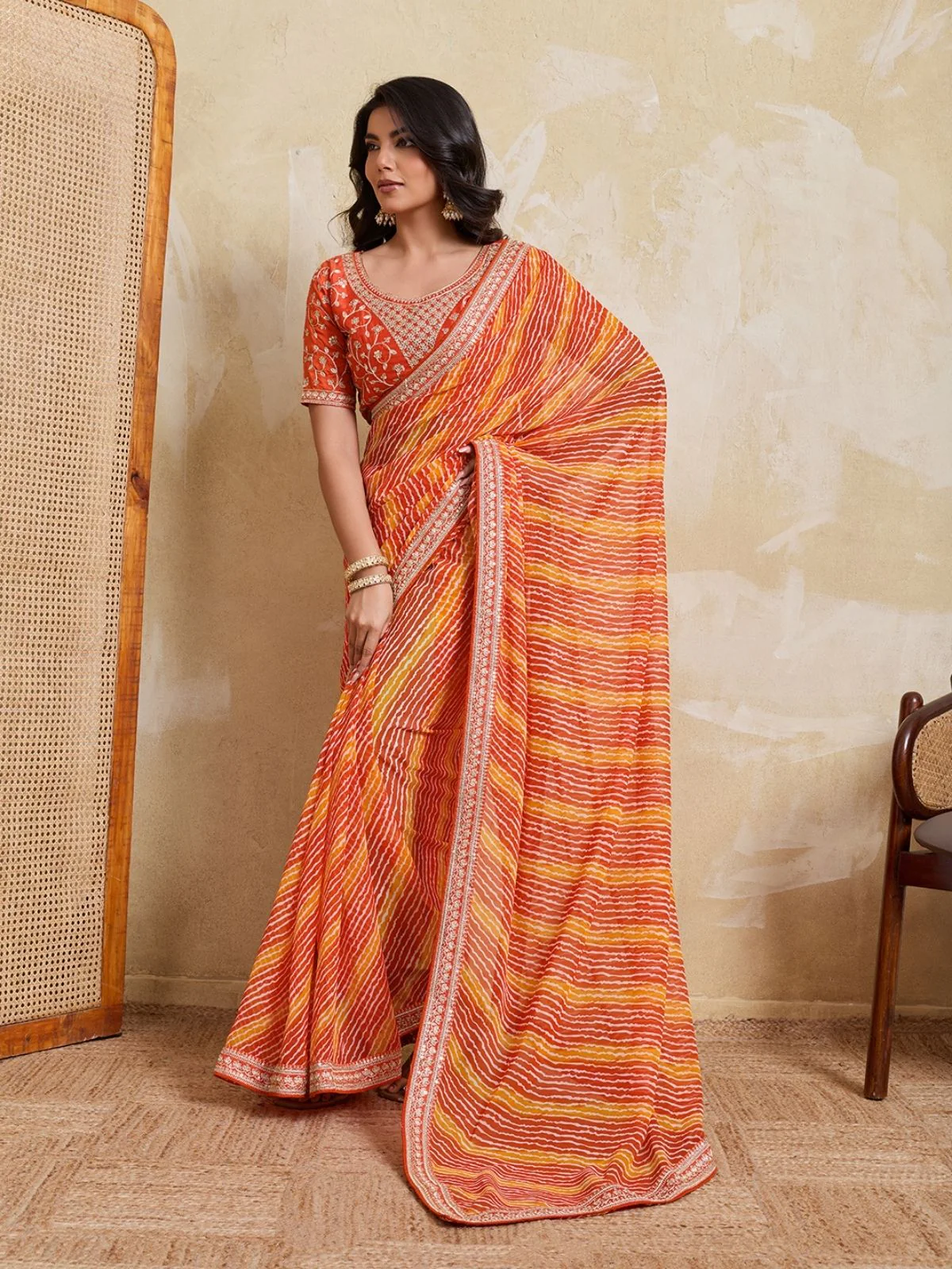 Odette Orange Georgette Printed Saree For Women - Image 2