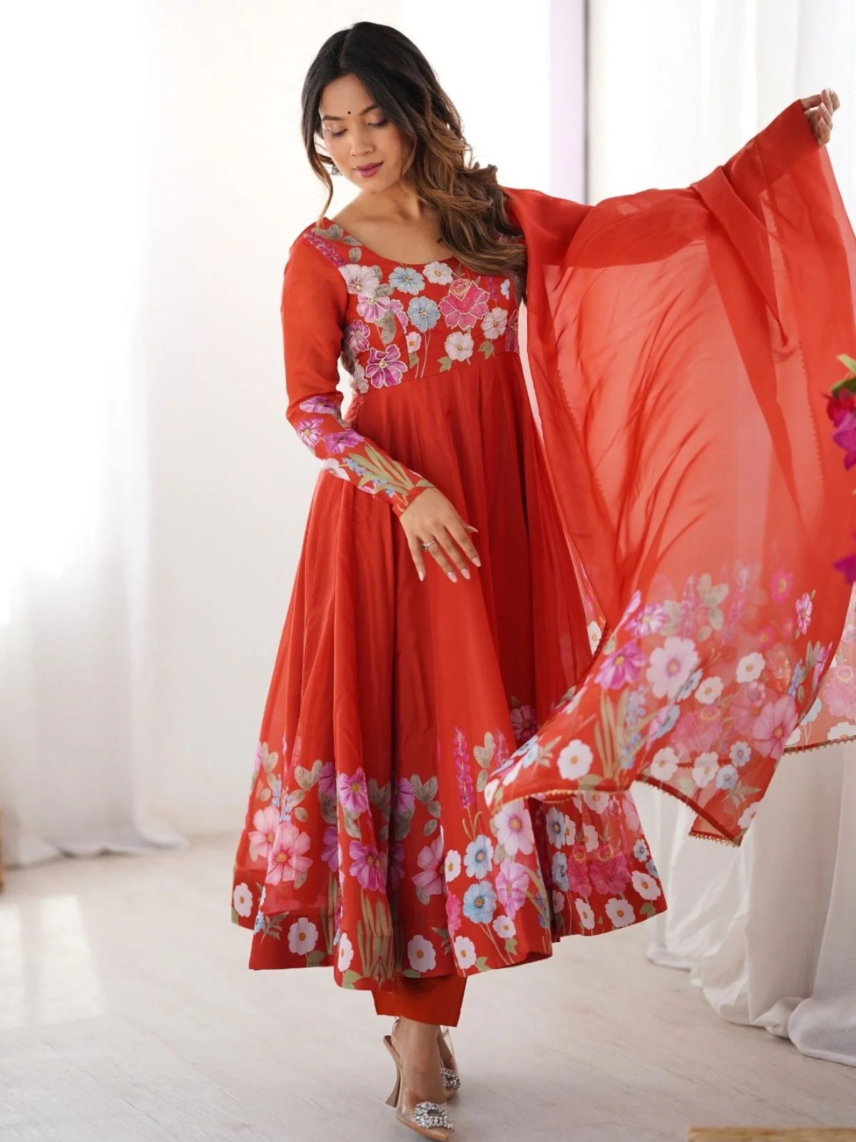 Odette Orange Georgette Printed Stitched Kurta Set For Women - Image 2