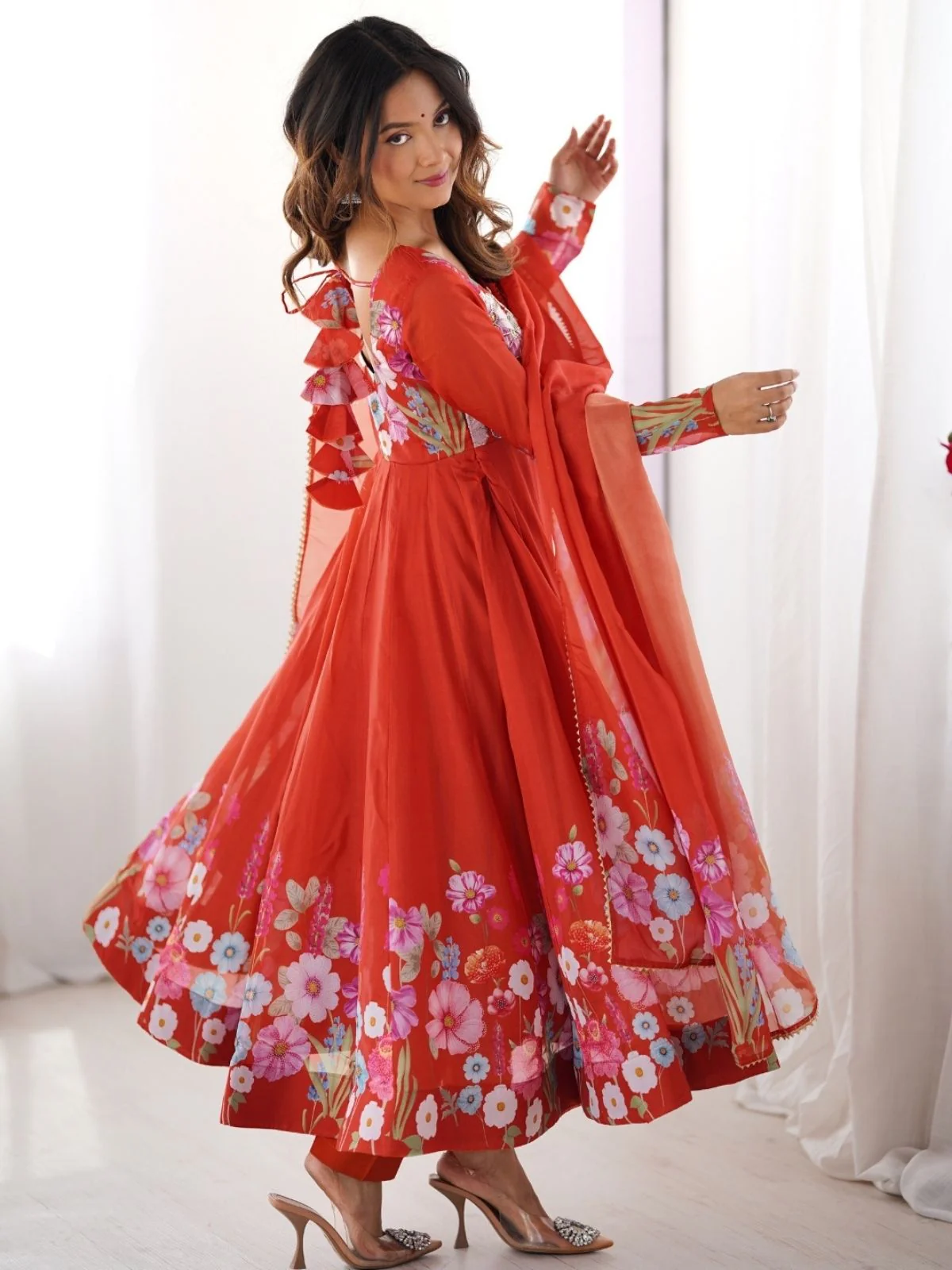Odette Orange Georgette Printed Stitched Kurta Set For Women - Image 4
