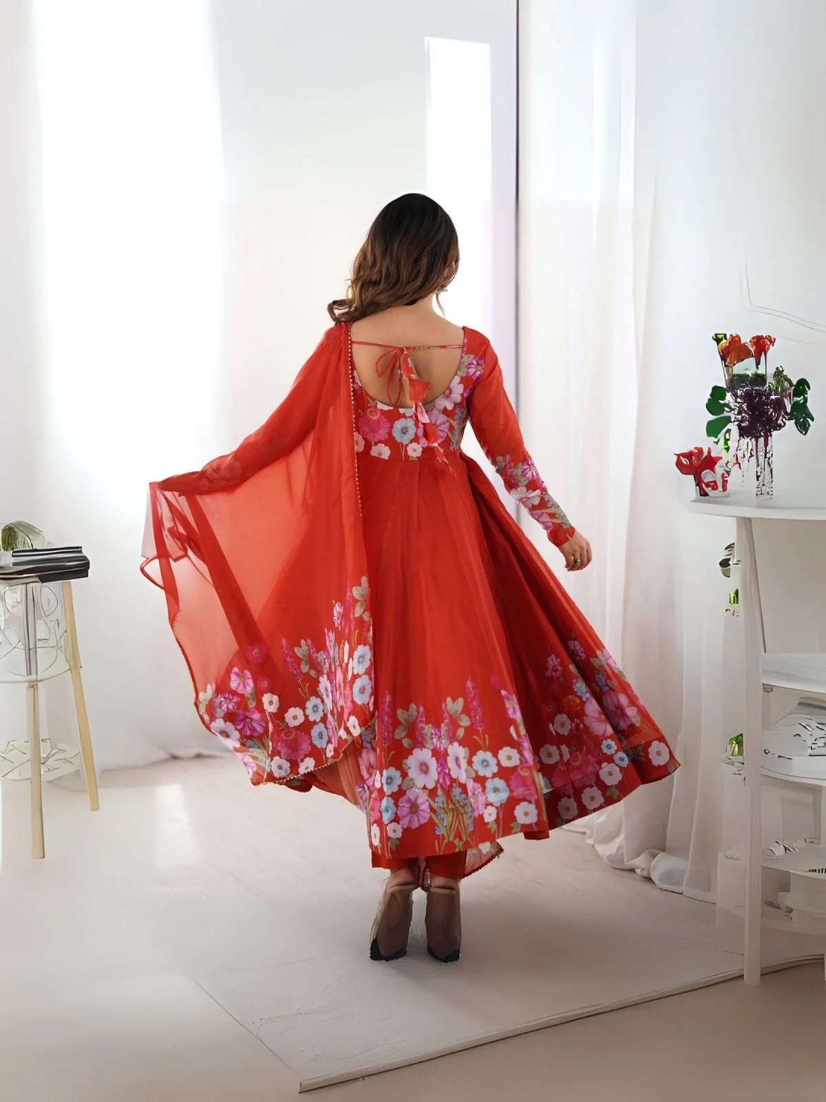 Odette Orange Georgette Printed Stitched Kurta Set For Women - Image 5