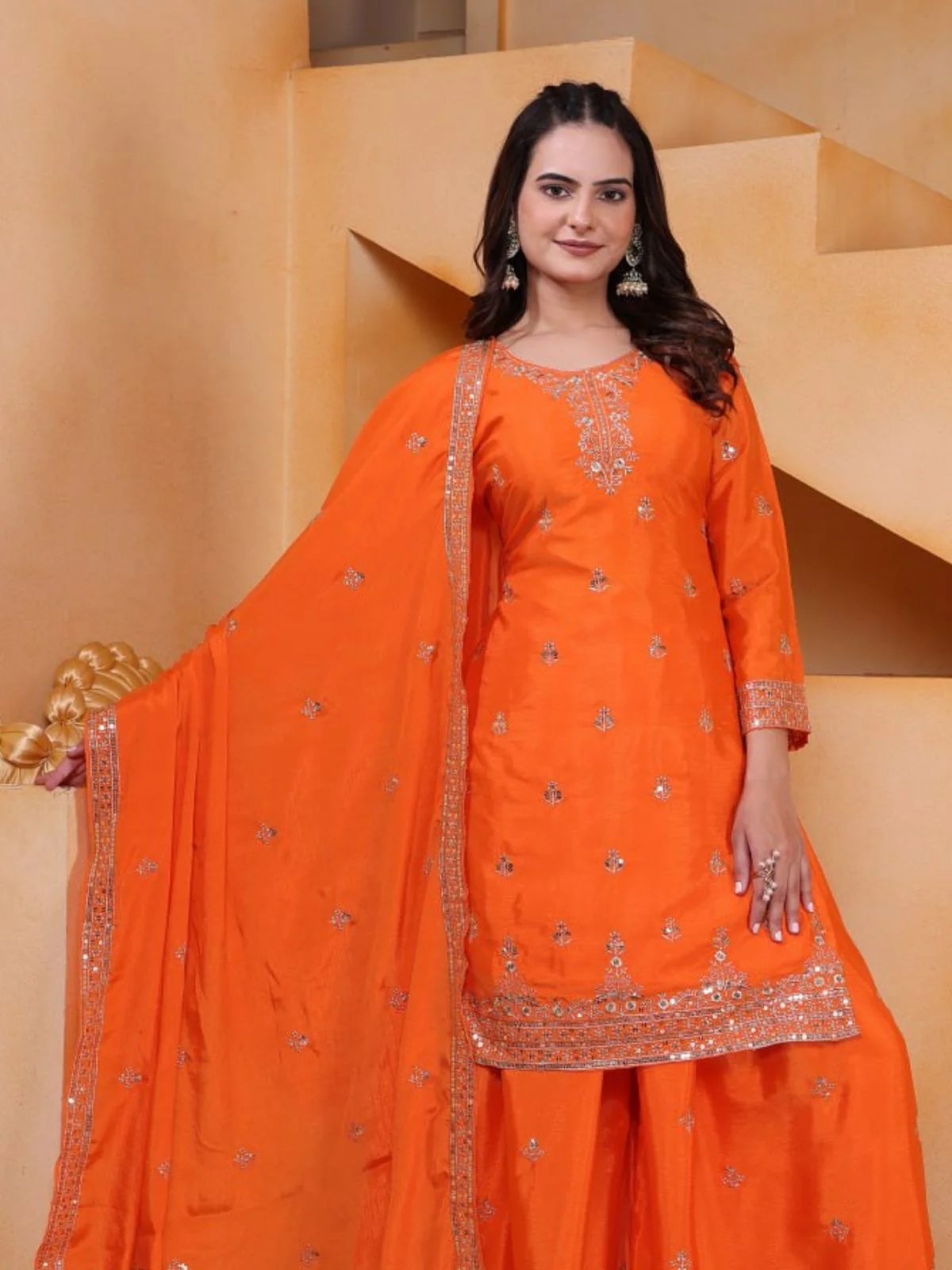 Odette Orange Georgette Solid Stitched Kurta Set For Women - Image 4