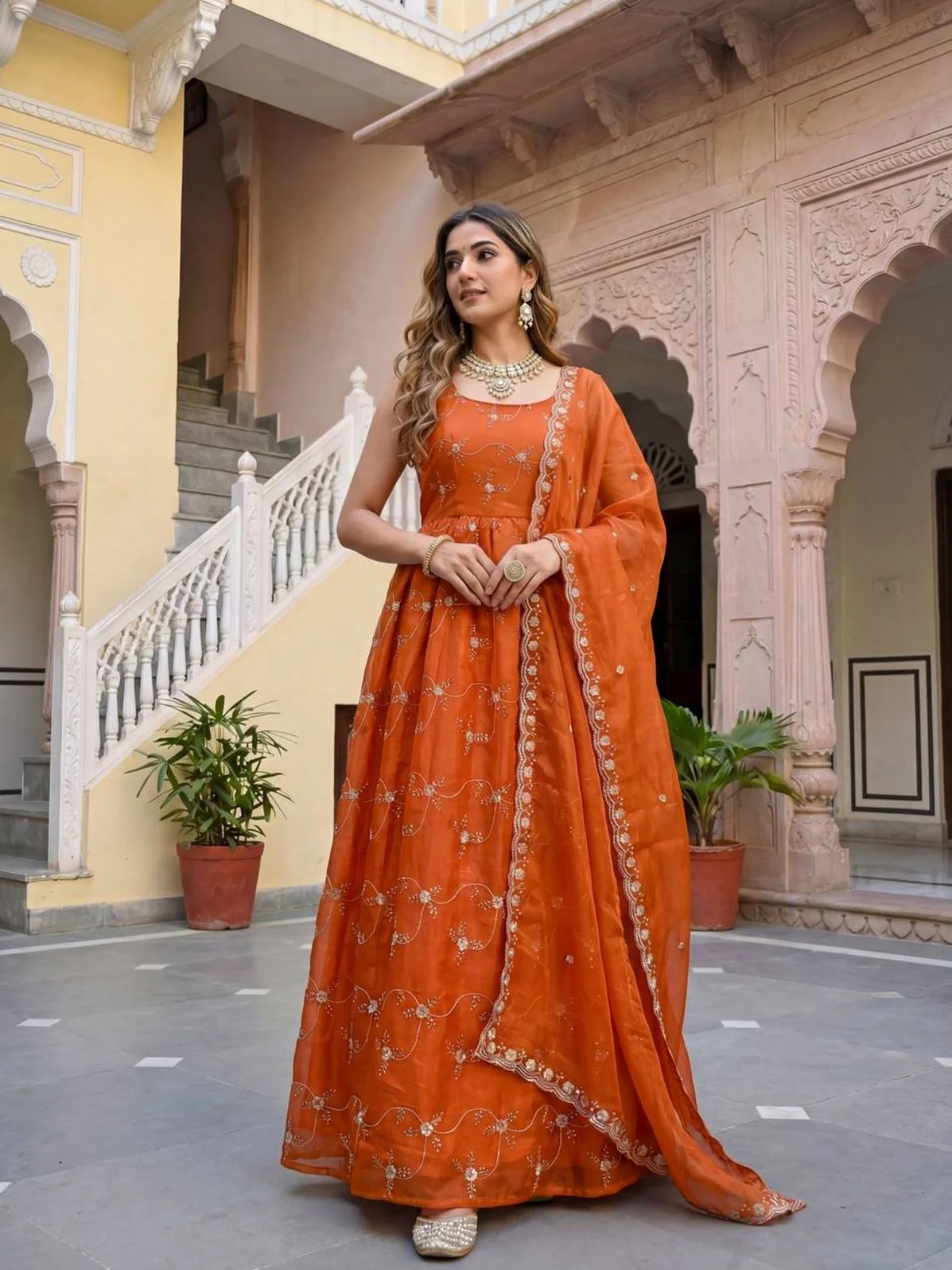 Odette Orange Georgette Solid Stitched Kurta Set For Women - Image 2
