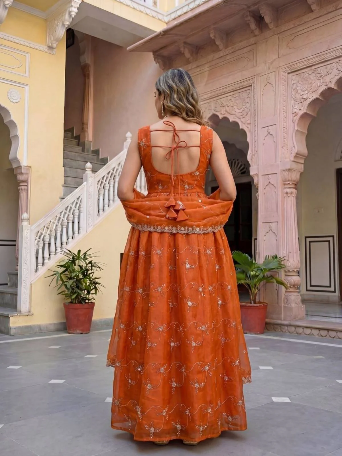 Odette Orange Georgette Solid Stitched Kurta Set For Women - Image 3