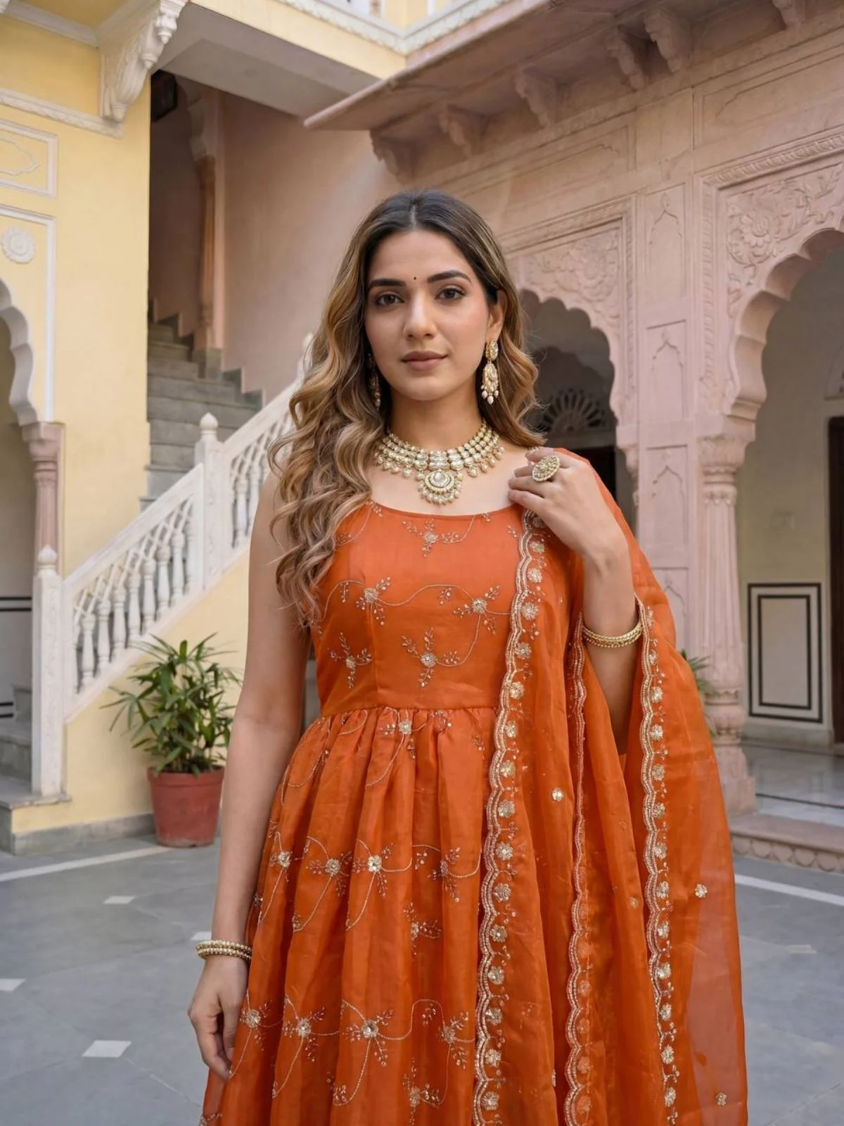 Odette Orange Georgette Solid Stitched Kurta Set For Women - Image 4