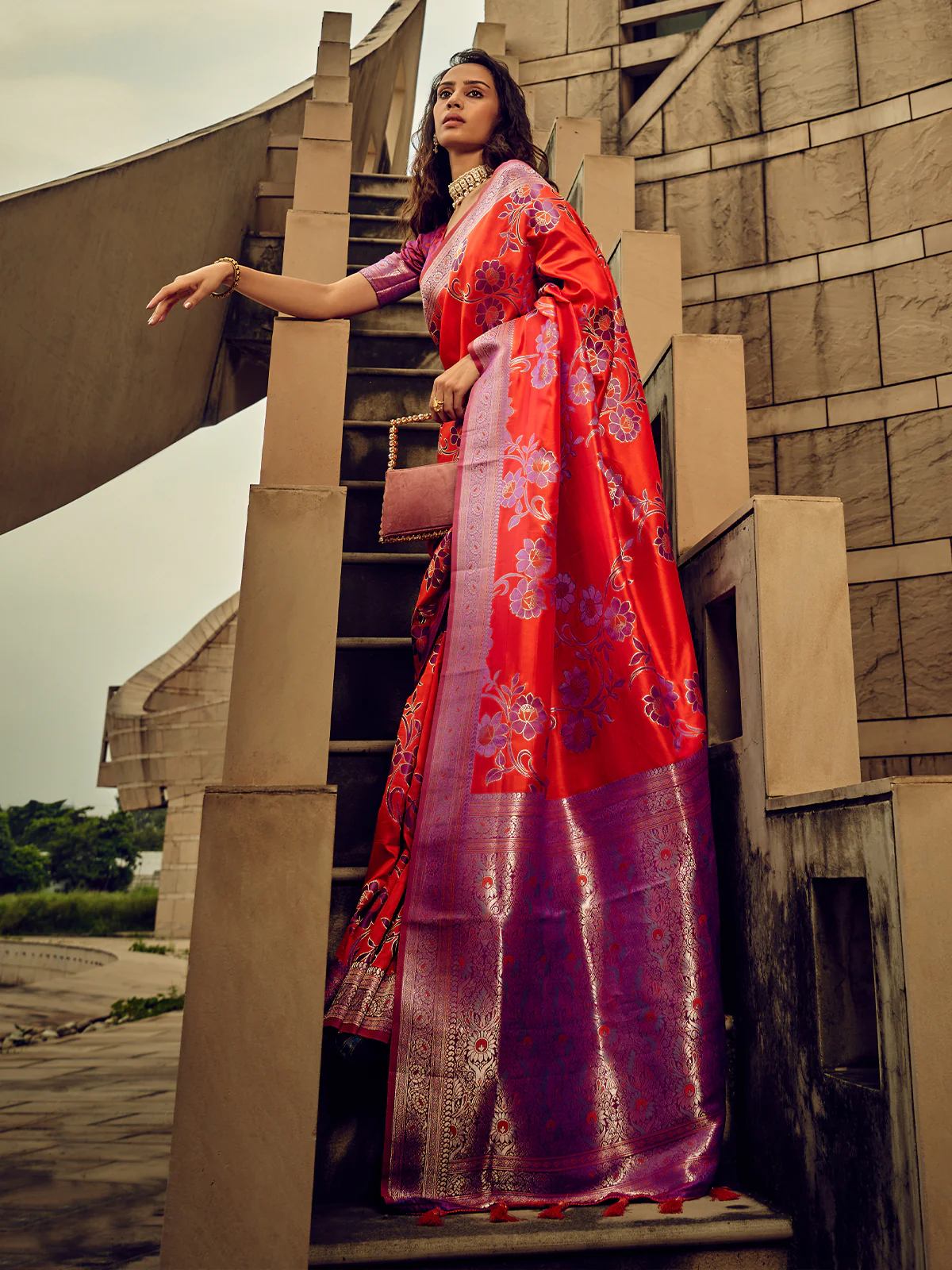 Odette Orange Handloom Woven Satin Saree For Women - Image 2