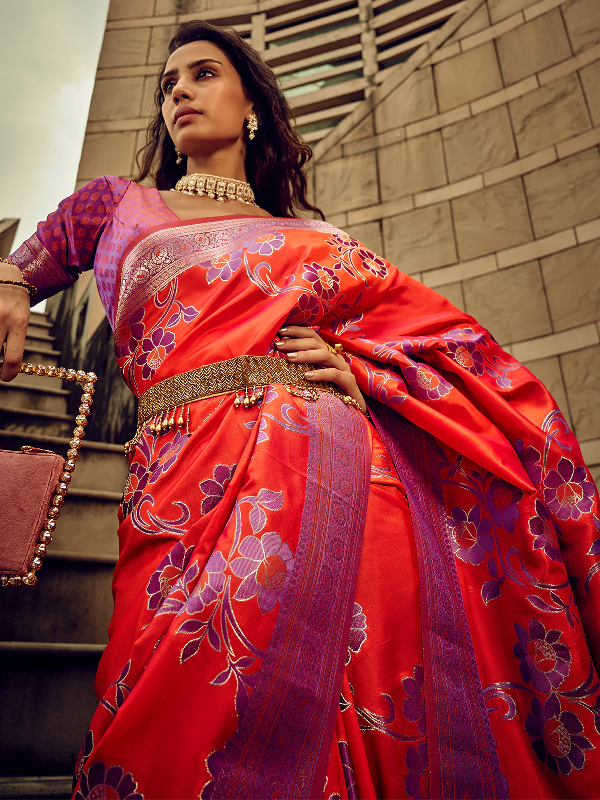 Odette Orange Handloom Woven Satin Saree For Women - Image 3