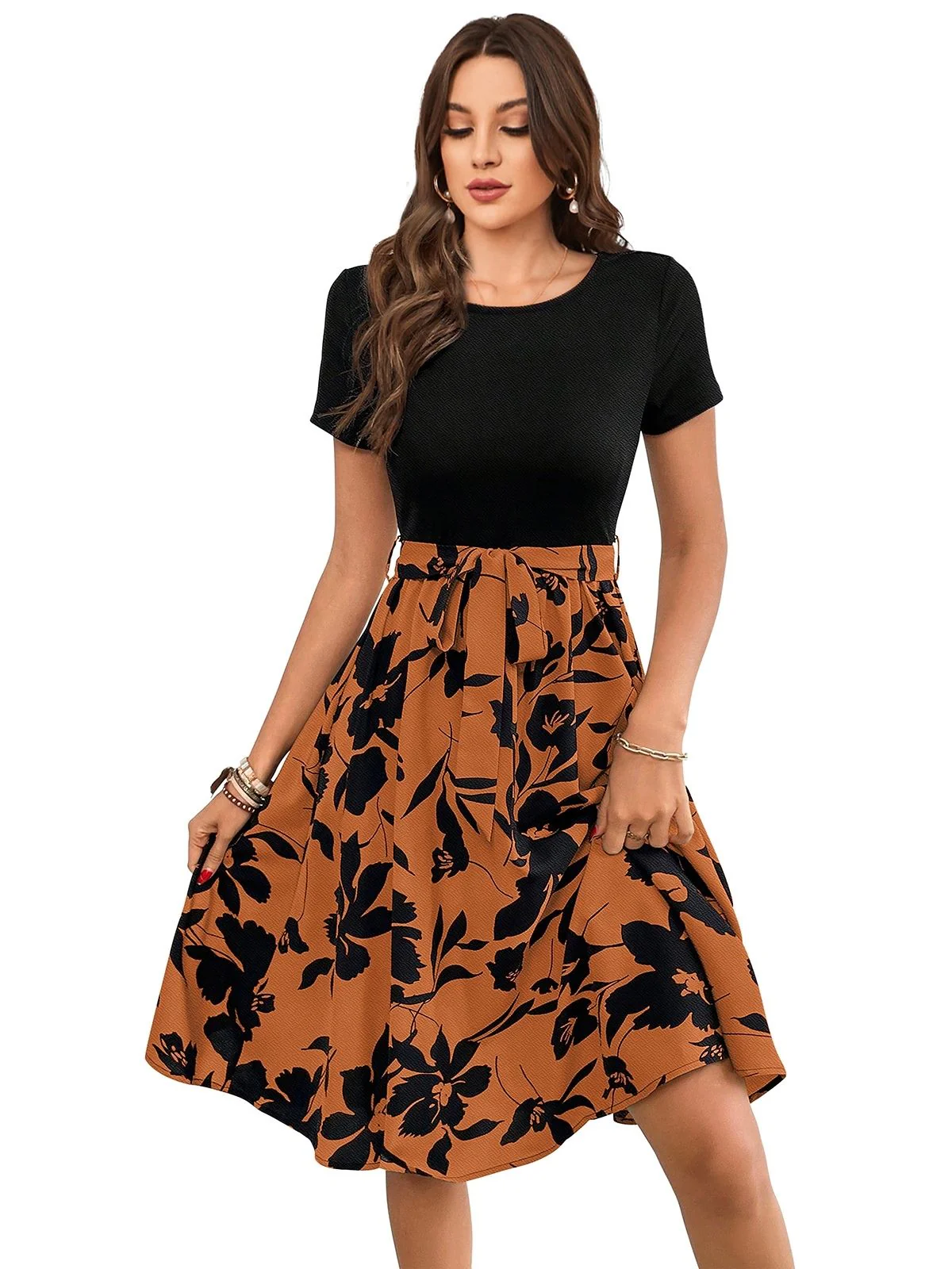 Odette Orange Knit Printed Dress For Women