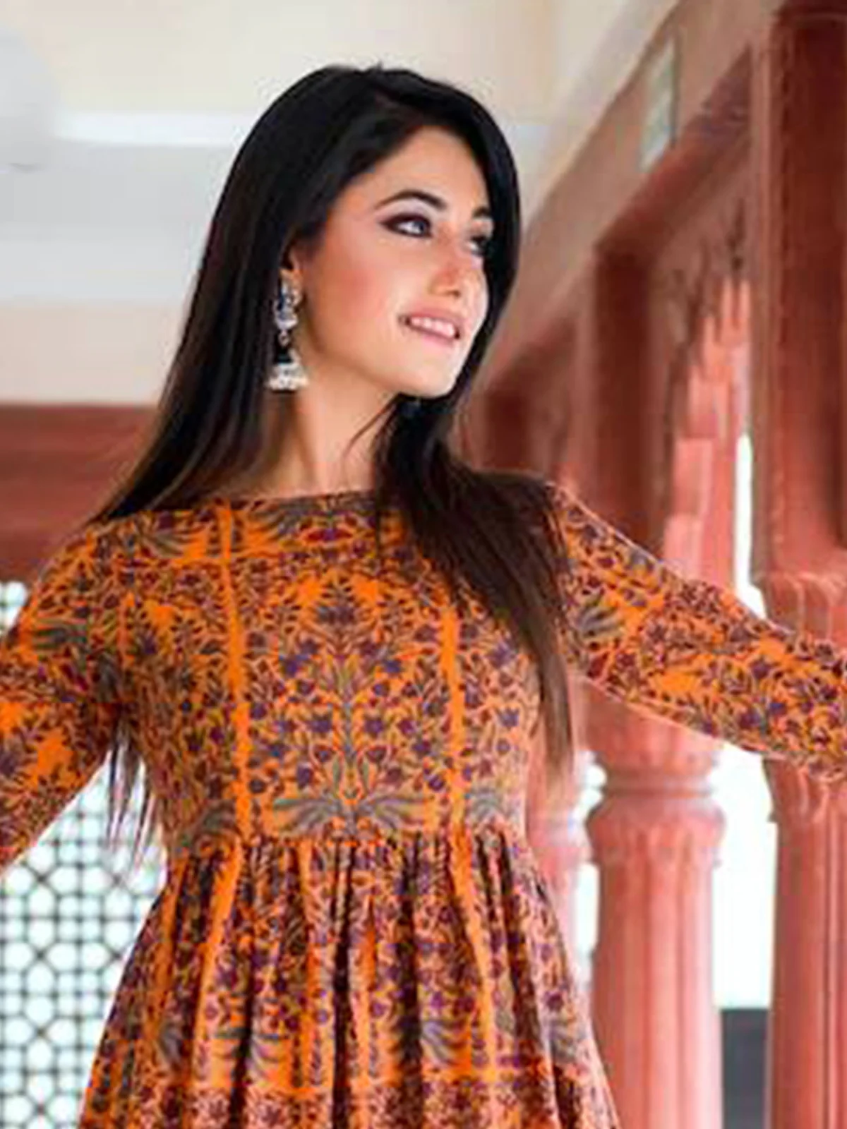 Odette Orange Muslin Stitched Gown For Women - Image 3