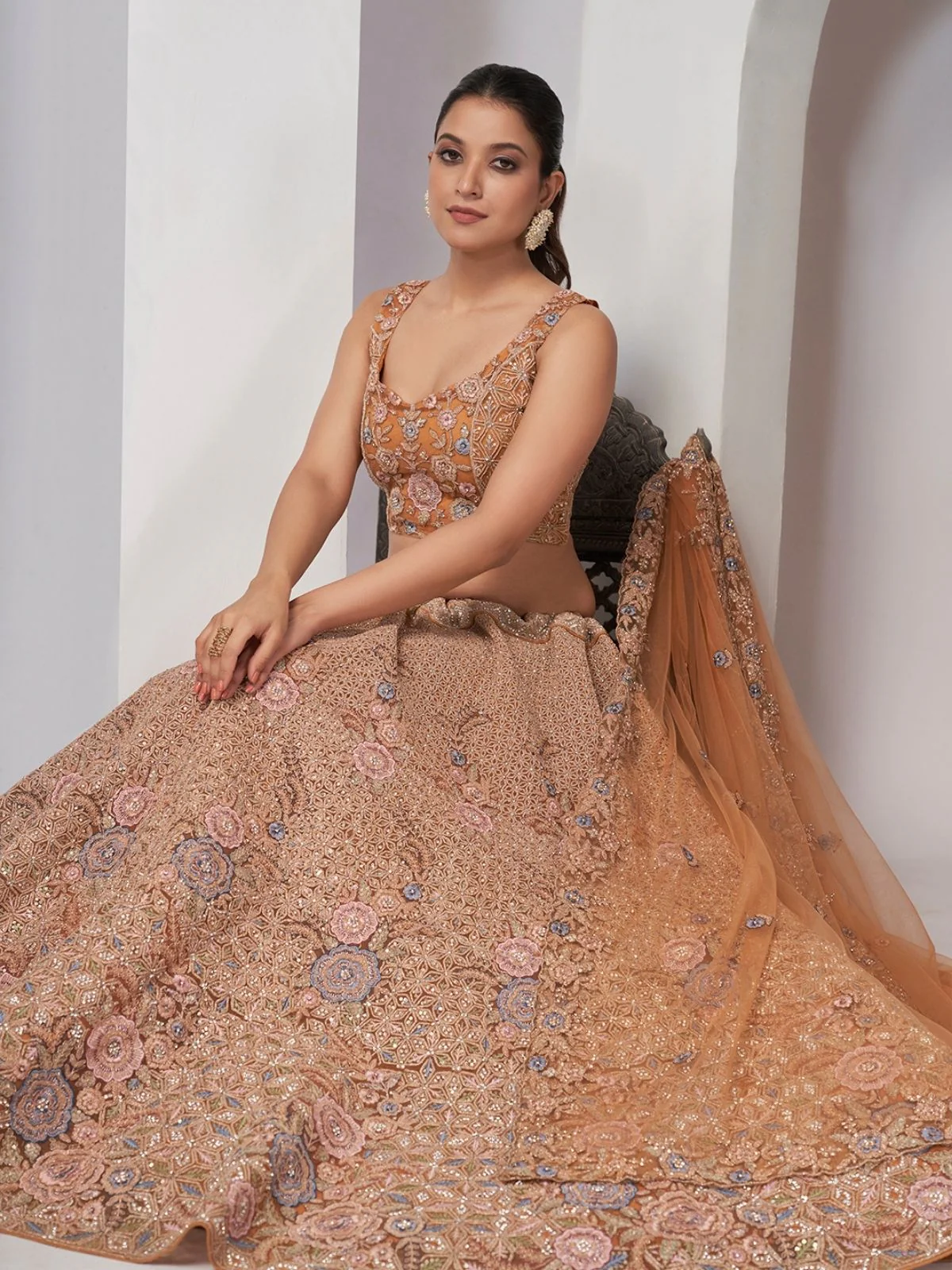 Odette Orange Net Embellished Semi Stitched Lehenga With Unstitched Blouse For Women - Image 2