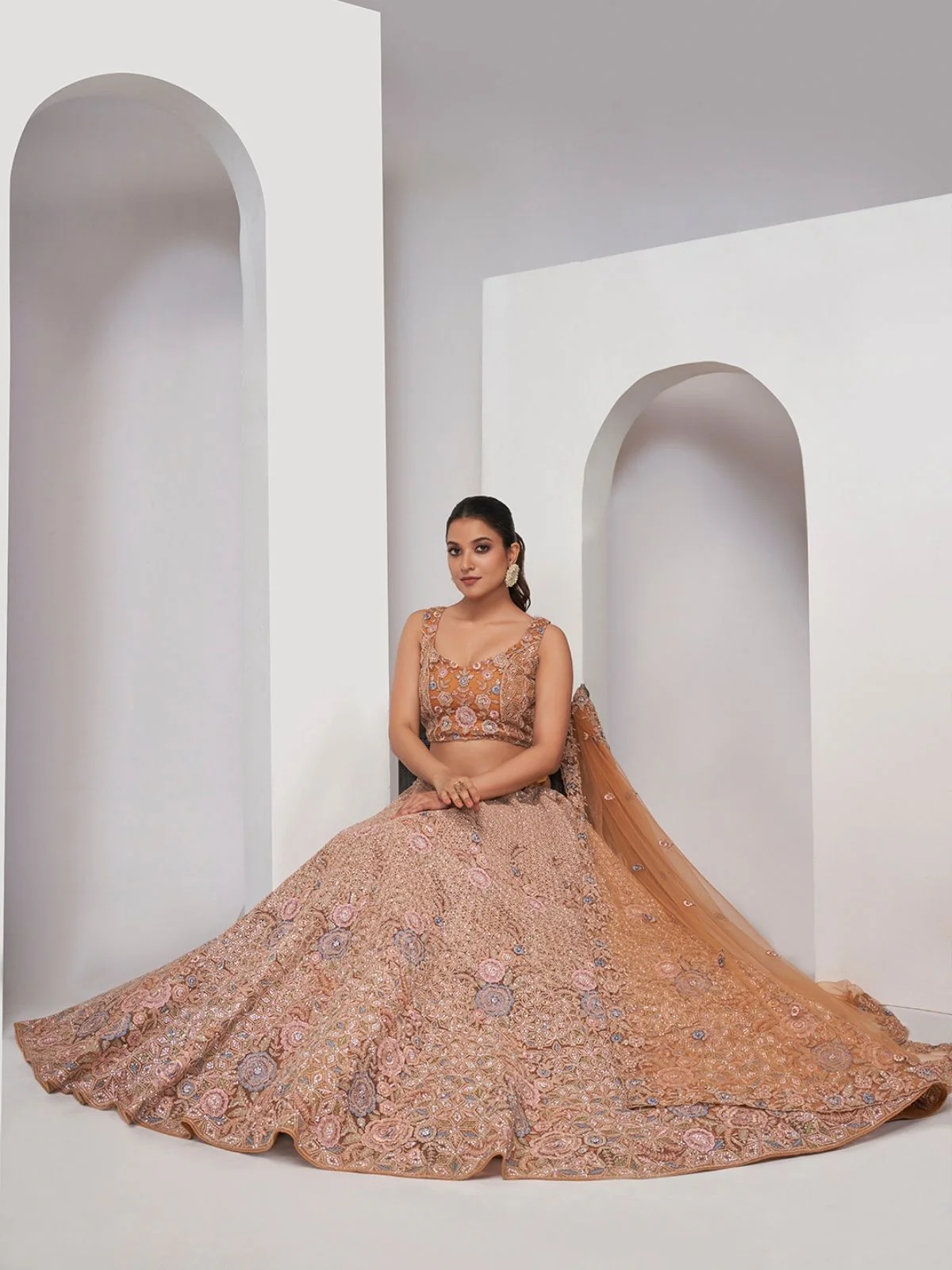 Odette Orange Net Embellished Semi Stitched Lehenga With Unstitched Blouse For Women - Image 3