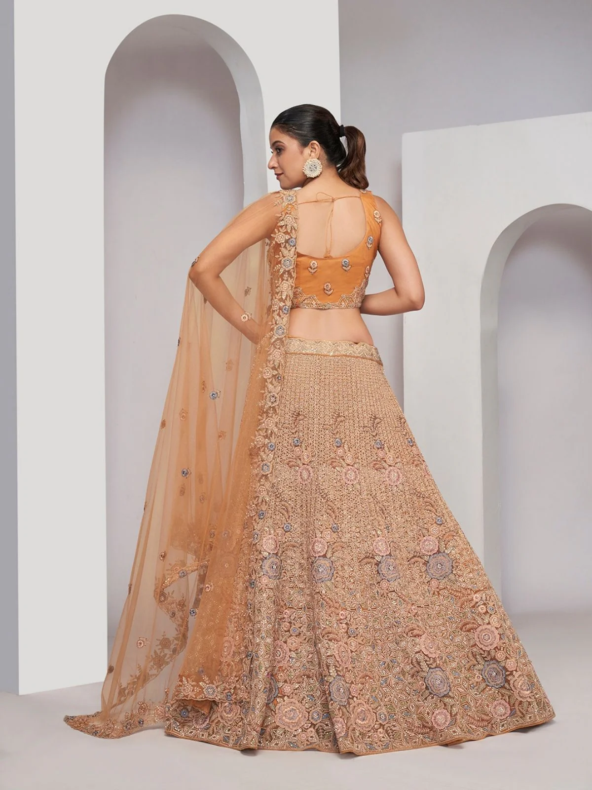 Odette Orange Net Embellished Semi Stitched Lehenga With Unstitched Blouse For Women - Image 5
