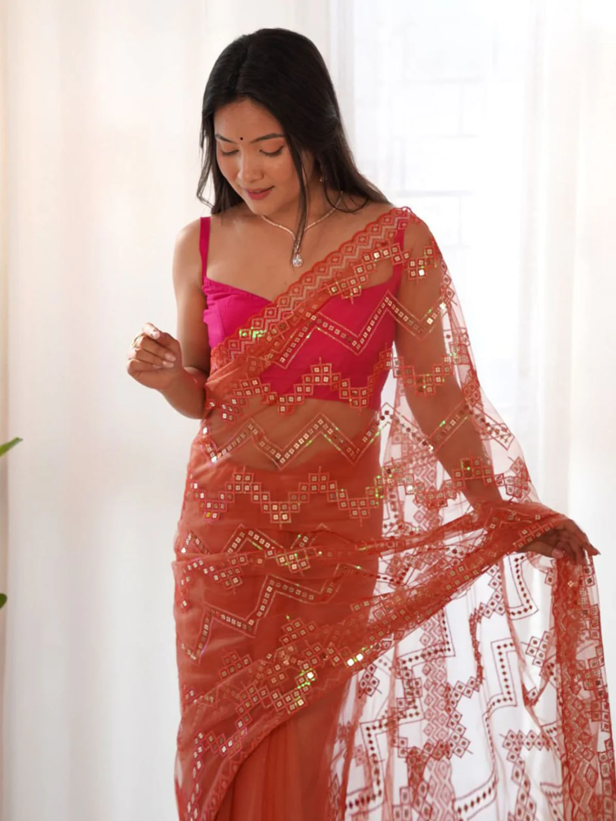 Odette Orange Net Embroidered Saree With Unstitched Blouse For Women - Image 2