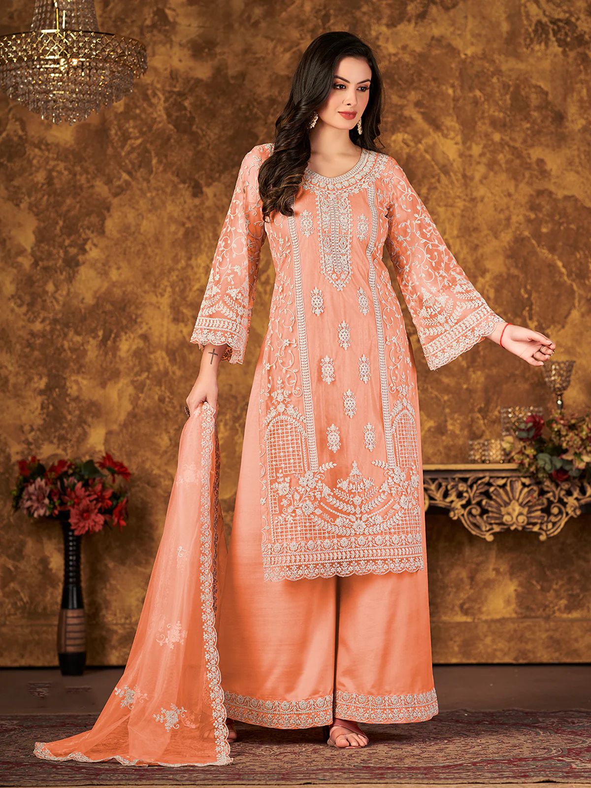 Odette Orange Net Embroidered Semi stitched Kurta Set with Inner For Women - Image 2