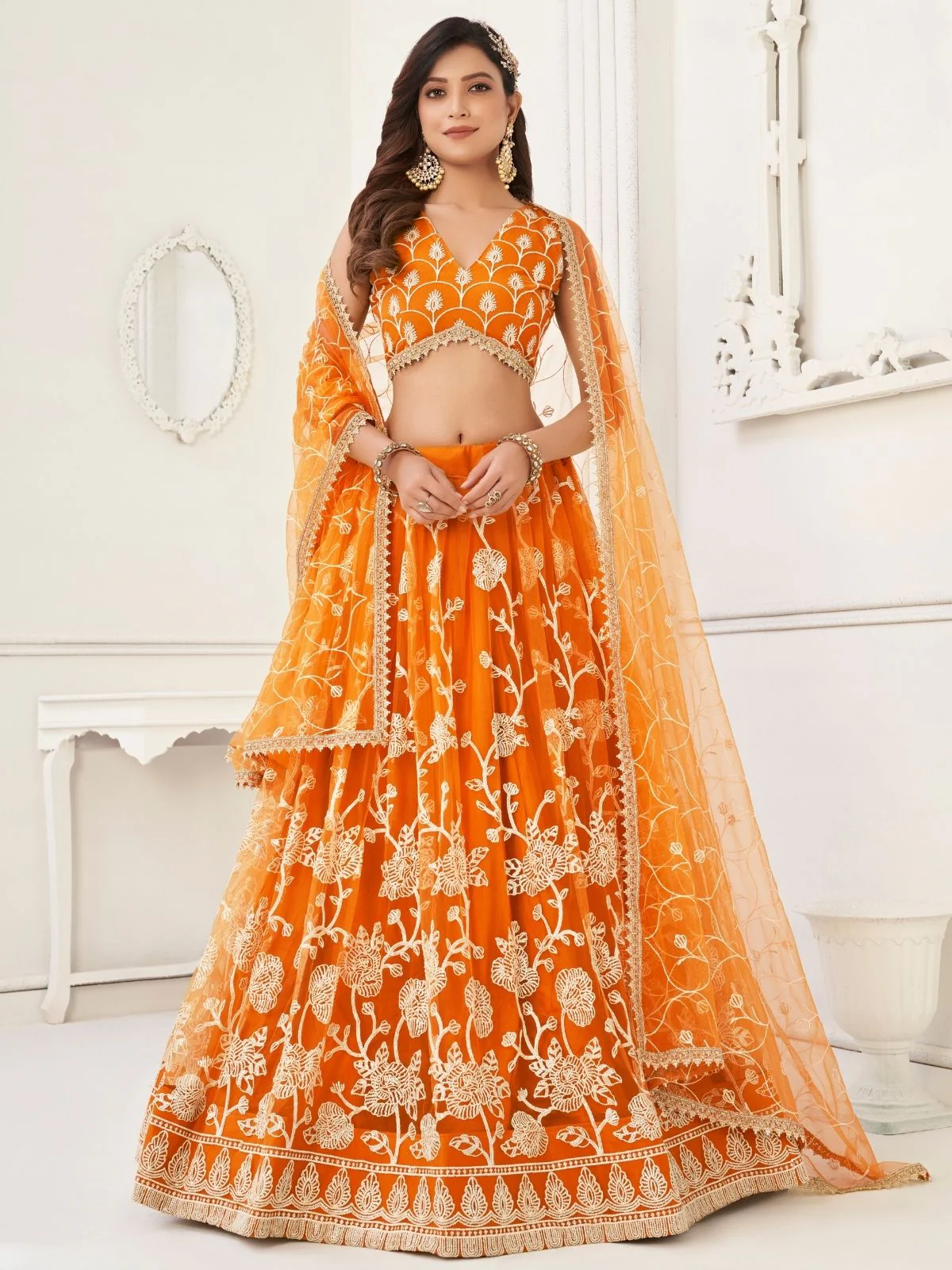 Odette Orange Net Embroidered Semi Stitched Lehenga For Women - Image 2