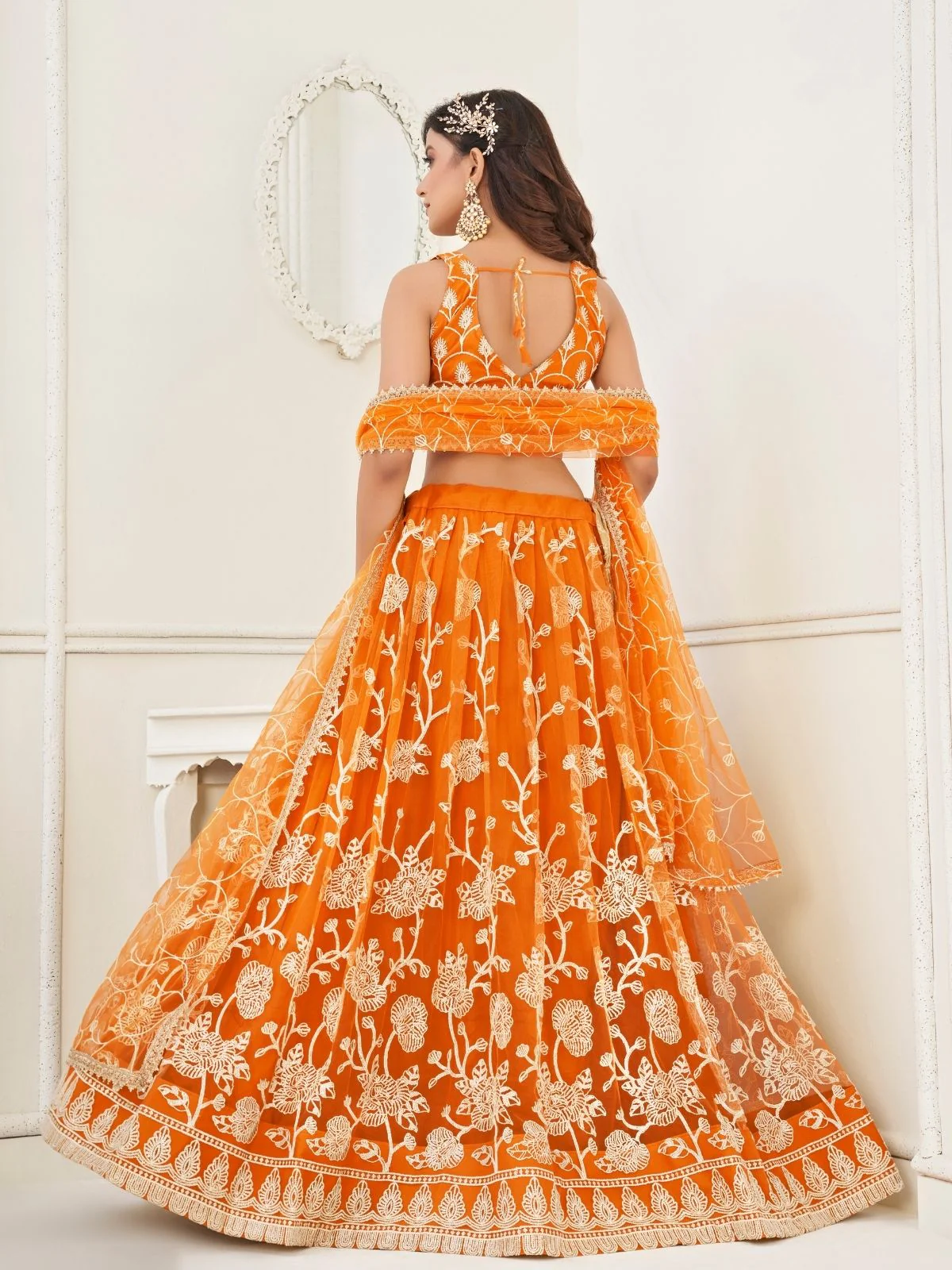 Odette Orange Net Embroidered Semi Stitched Lehenga For Women - Image 3