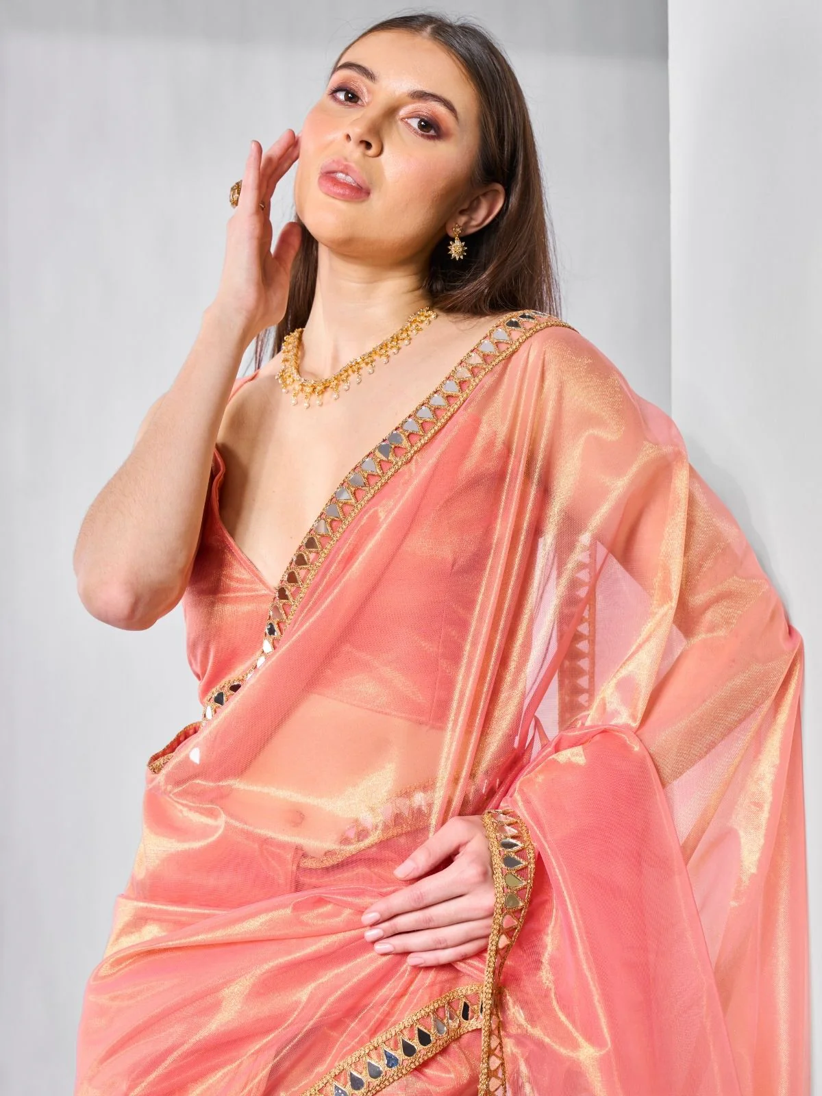 Odette Orange Net Solid Saree With Unstitched Blouse For Women - Image 6