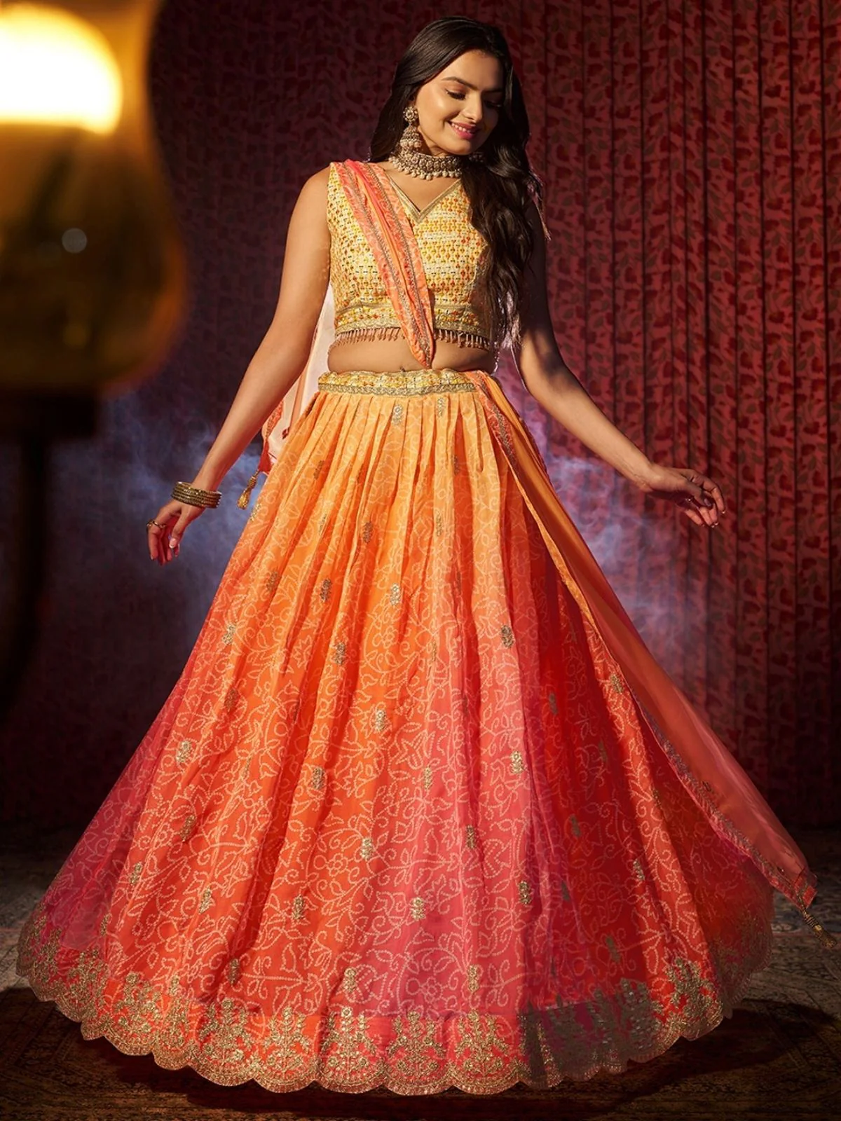 Odette Orange Organza Embroidered Semi-Stitched Lehenga For Women - Image 2