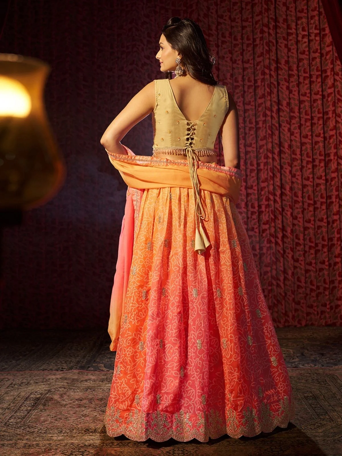 Odette Orange Organza Embroidered Semi-Stitched Lehenga For Women - Image 6