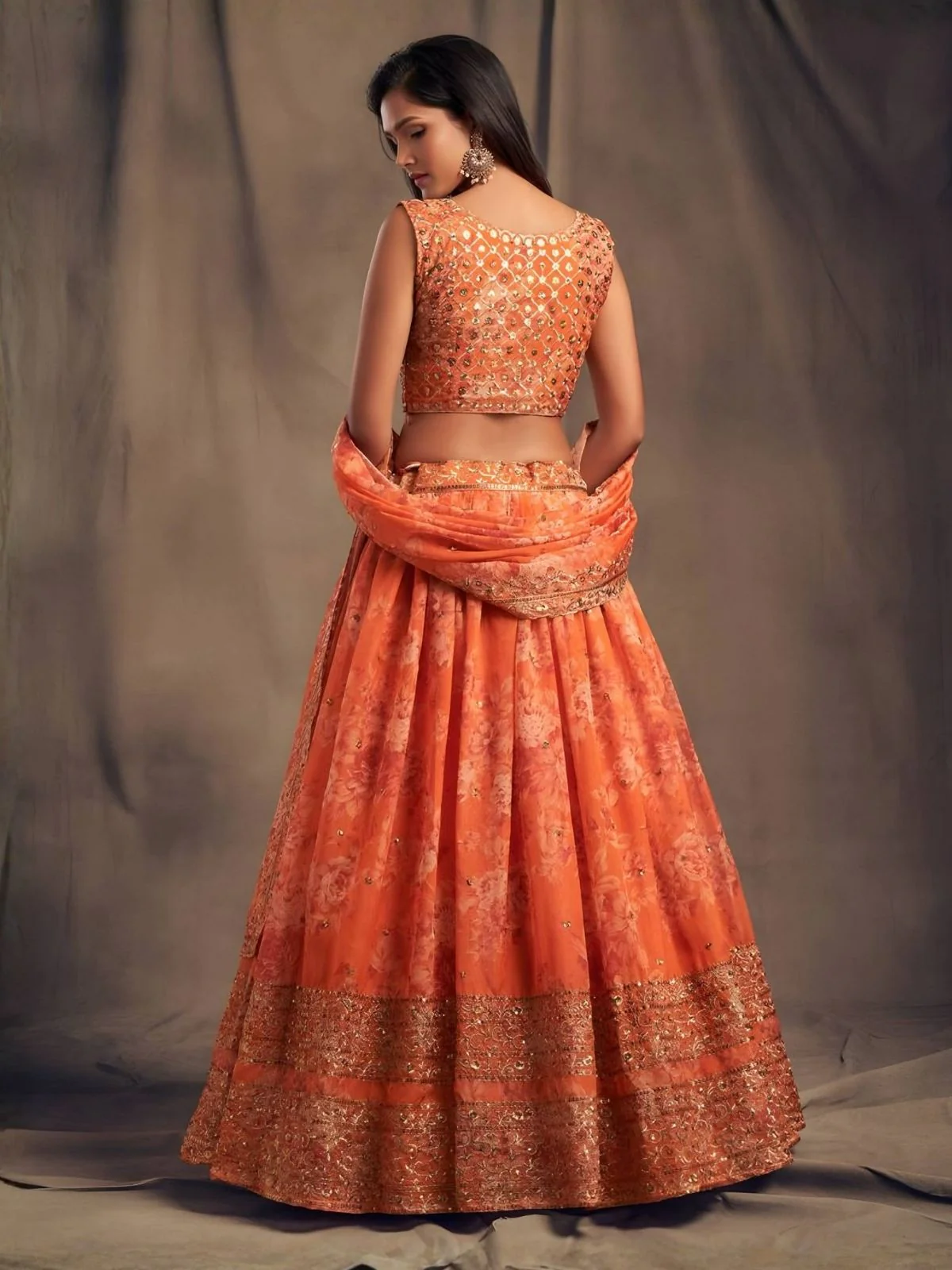Odette Orange Organza Printed And Embriodered Semi-Stitched Lehenga For Women - Image 2