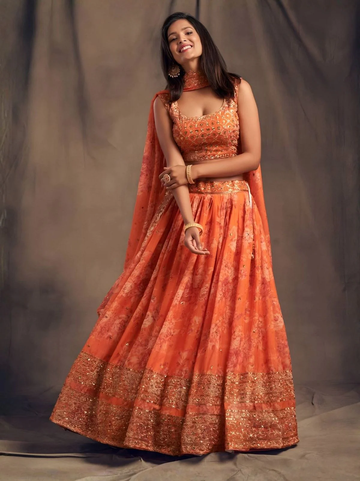 Odette Orange Organza Printed And Embriodered Semi-Stitched Lehenga For Women - Image 3