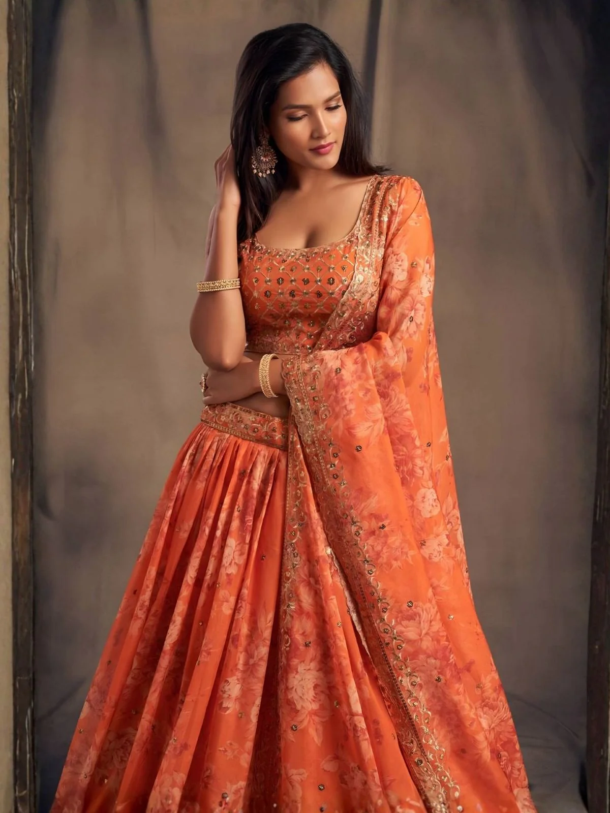 Odette Orange Organza Printed And Embriodered Semi-Stitched Lehenga For Women - Image 4