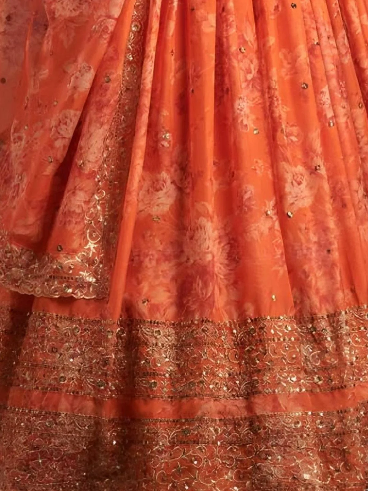 Odette Orange Organza Printed And Embriodered Semi-Stitched Lehenga For Women - Image 5