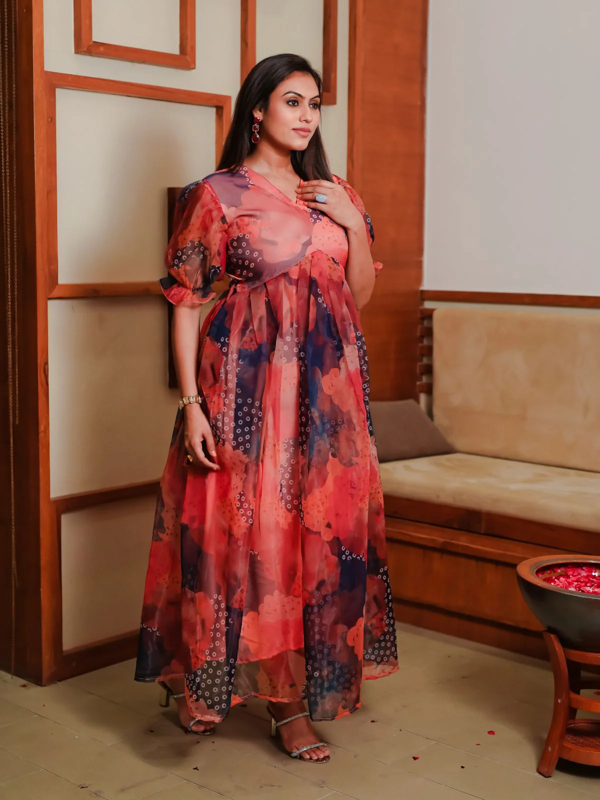 Odette Orange Organza Printed Indo Western Dress For Women - Image 3