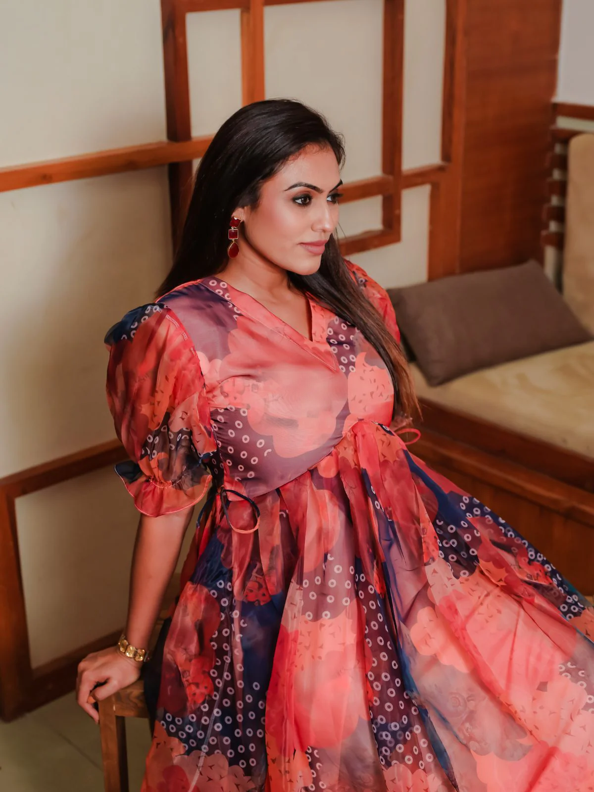 Odette Orange Organza Printed Indo Western Dress For Women - Image 6