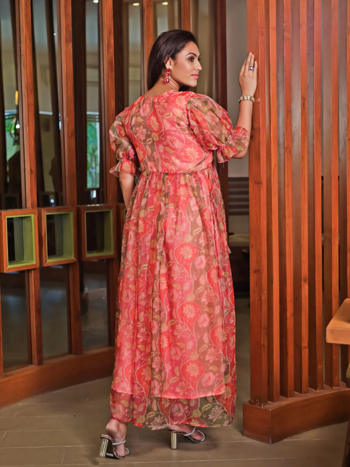 Odette Orange Organza Printed Indo Western Dress For Women - Image 6