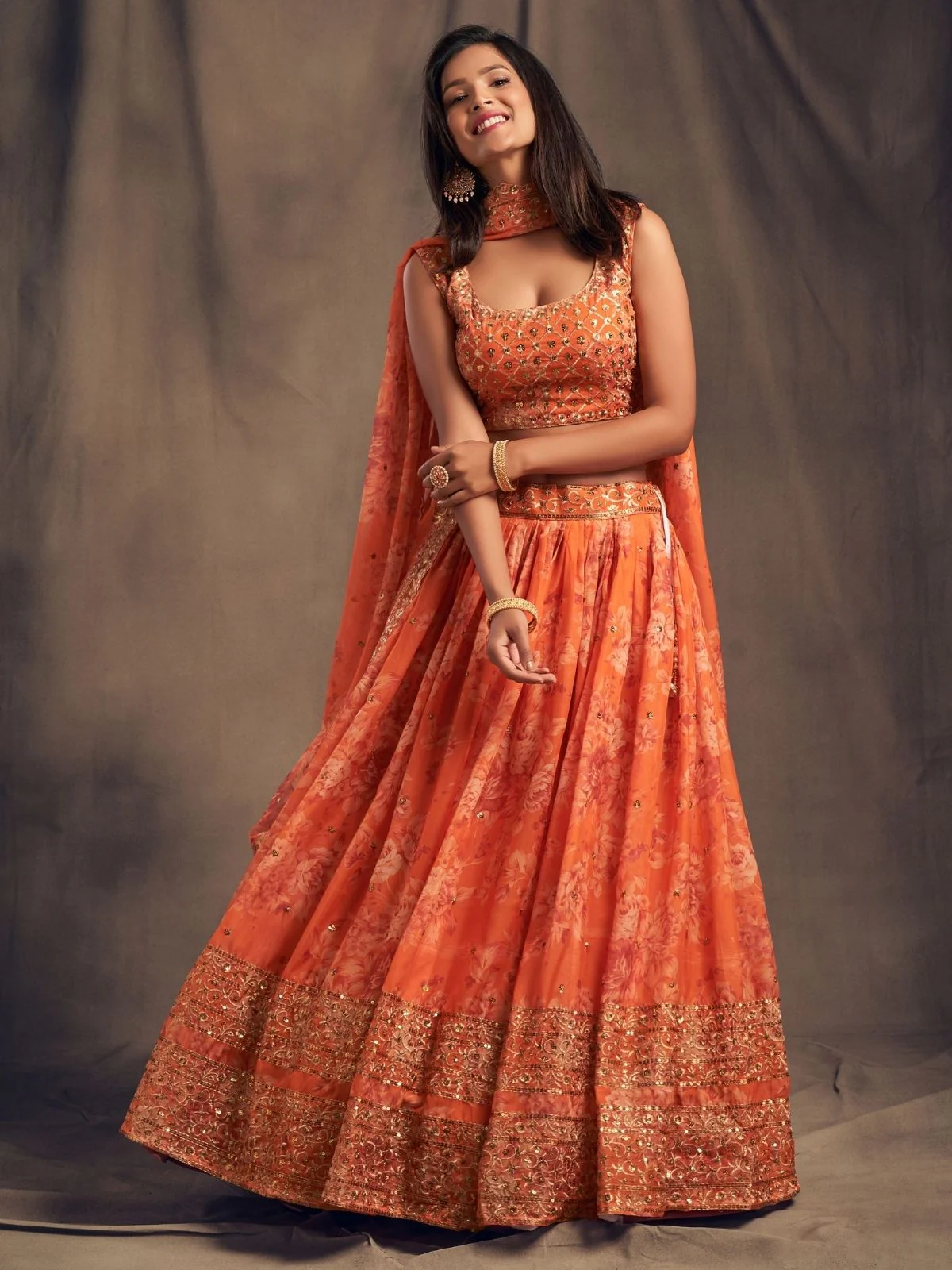 Odette Orange Organza Printed Semi Stitched Lehenga With Unstitched Blouse For Women - Image 2