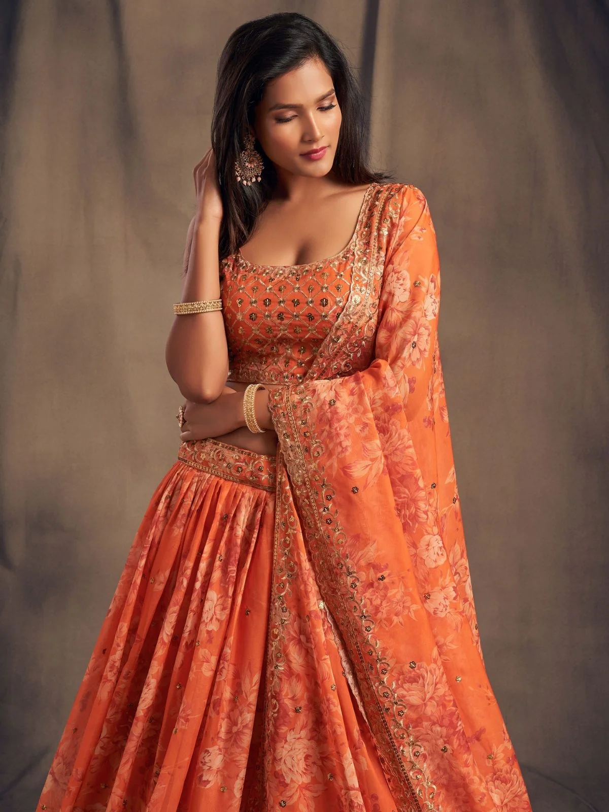 Odette Orange Organza Printed Semi Stitched Lehenga With Unstitched Blouse For Women - Image 5