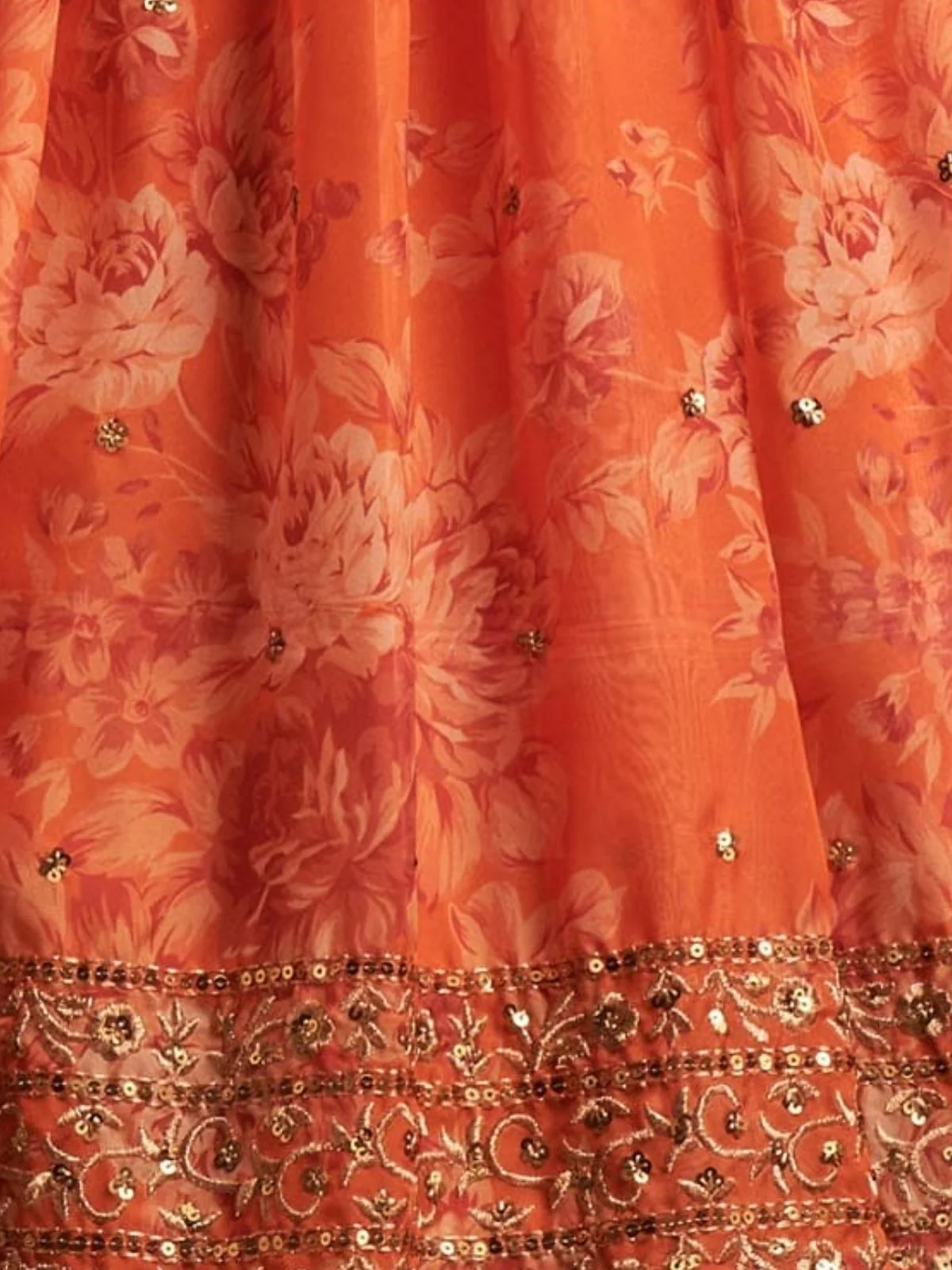 Odette Orange Organza Printed Semi Stitched Lehenga With Unstitched Blouse For Women - Image 6