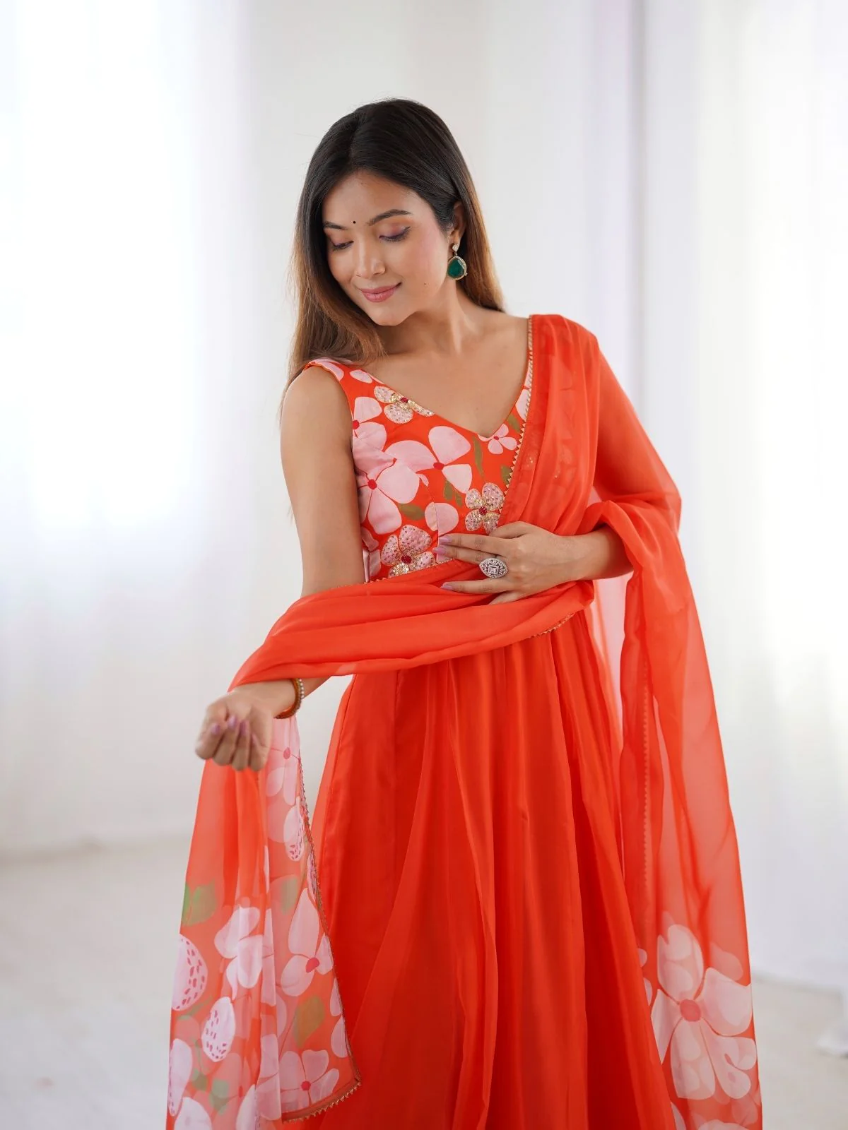 Odette Orange Organza Printed Stitched Gown With Dupatta For Women - Image 5